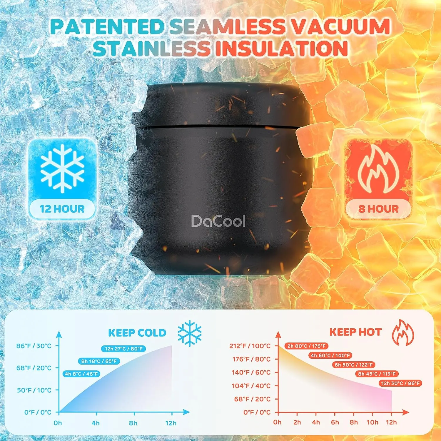 DaCool Lunch Thermo for Kids Vacuum Stainless Steel 13.5 Ounce Kids Food Thermo for Hot/Cold Food Insulated Food Jar Lunch Container Bento for School Office Picnic Travel Outdoors, BPA Free,Black