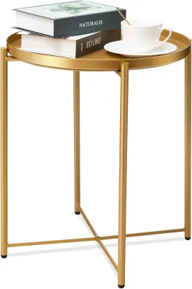 danpinera Gold Side Table 2 Pack, Gold End Table for Small Spaces Outdoor Accent Table Round Metal Patio Coffee Table Waterproof Removable Tray for Living Room Bedroom Balcony Office