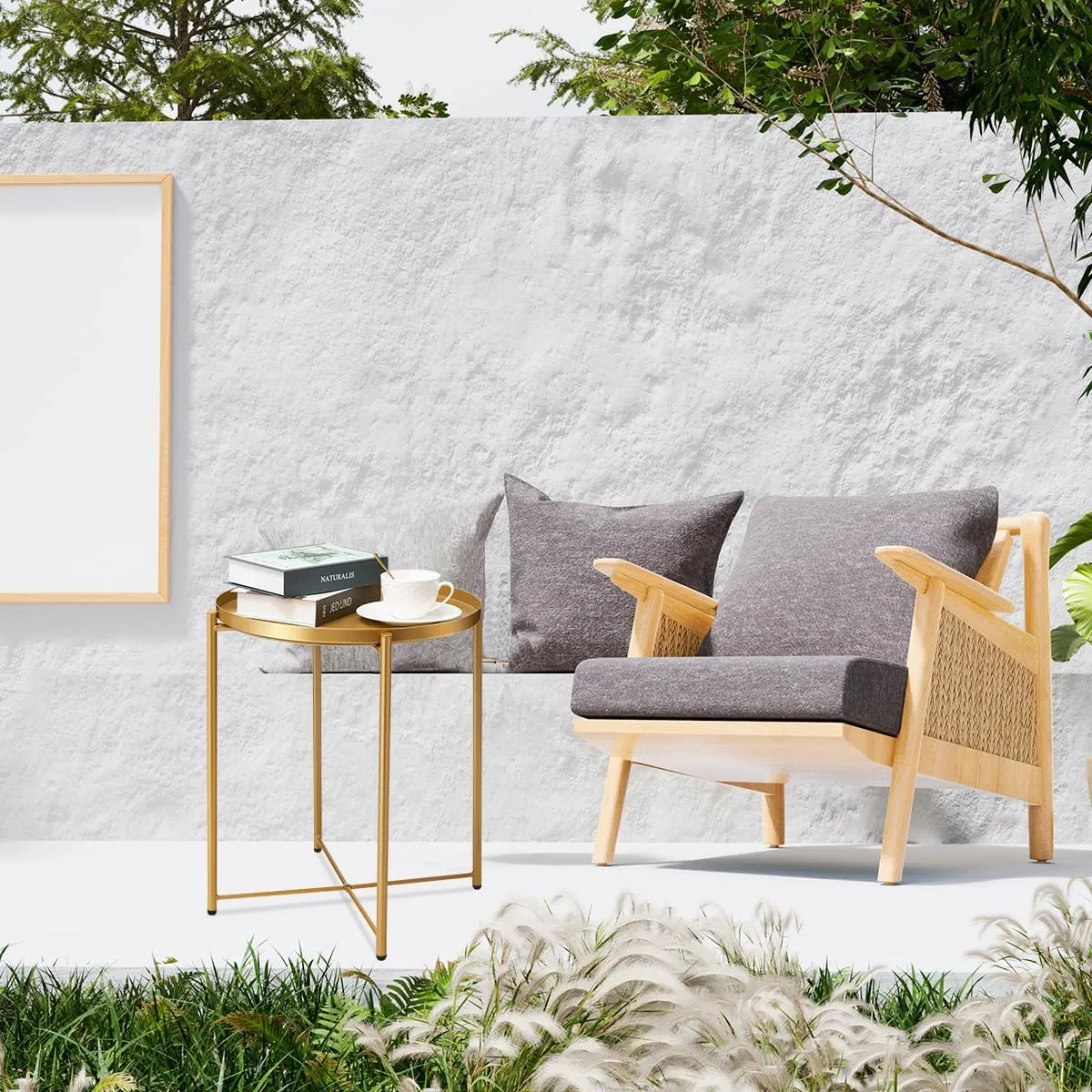 danpinera Gold Side Table 2 Pack, Gold End Table for Small Spaces Outdoor Accent Table Round Metal Patio Coffee Table Waterproof Removable Tray for Living Room Bedroom Balcony Office