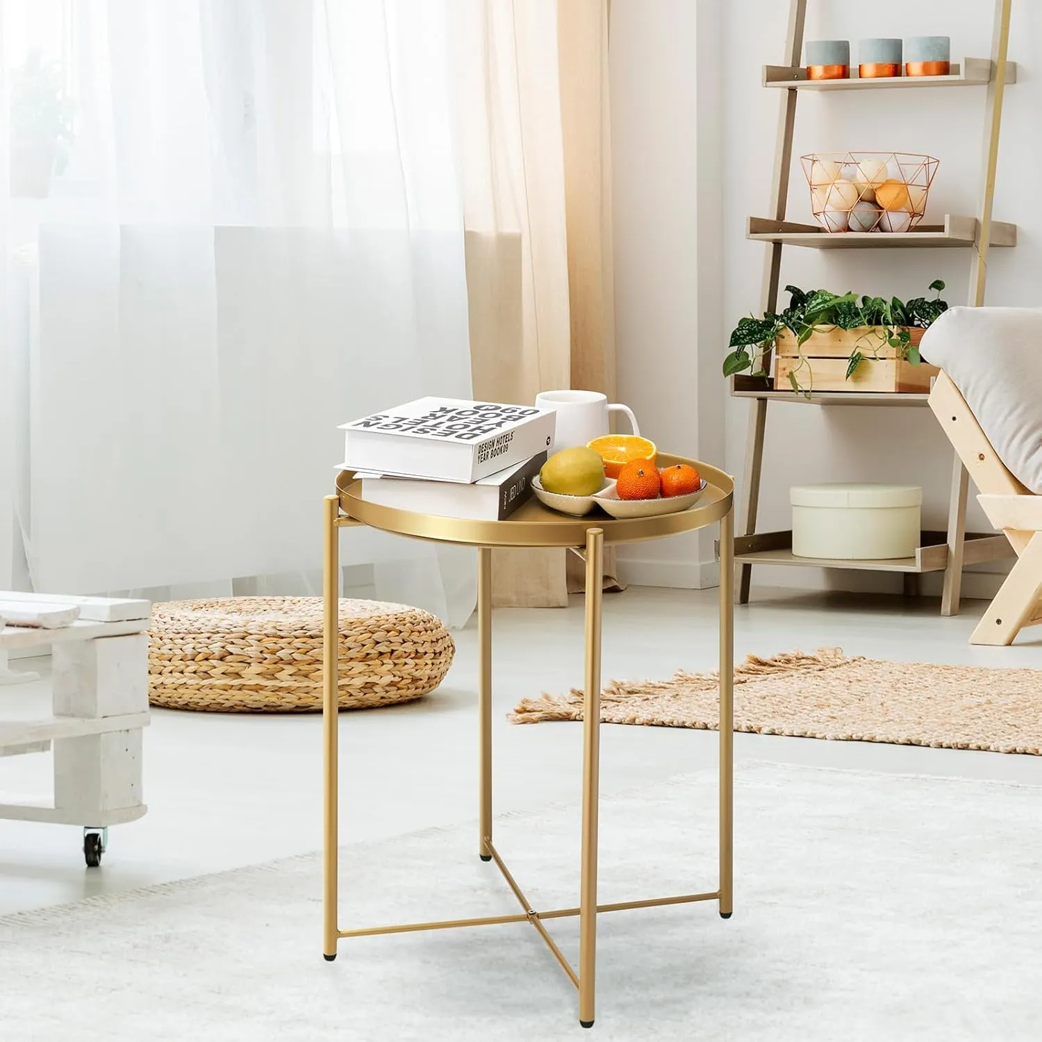 danpinera Gold Side Table 2 Pack, Gold End Table for Small Spaces Outdoor Accent Table Round Metal Patio Coffee Table Waterproof Removable Tray for Living Room Bedroom Balcony Office