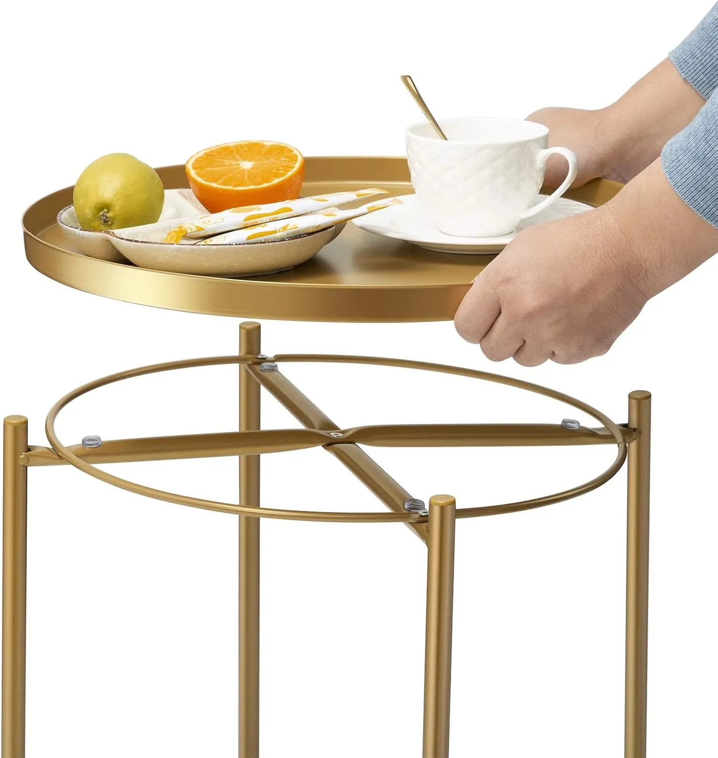 danpinera Gold Side Table 2 Pack, Gold End Table for Small Spaces Outdoor Accent Table Round Metal Patio Coffee Table Waterproof Removable Tray for Living Room Bedroom Balcony Office