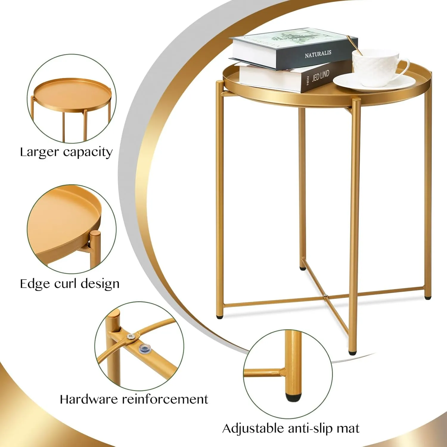 danpinera Gold Side Table 2 Pack, Gold End Table for Small Spaces Outdoor Accent Table Round Metal Patio Coffee Table Waterproof Removable Tray for Living Room Bedroom Balcony Office