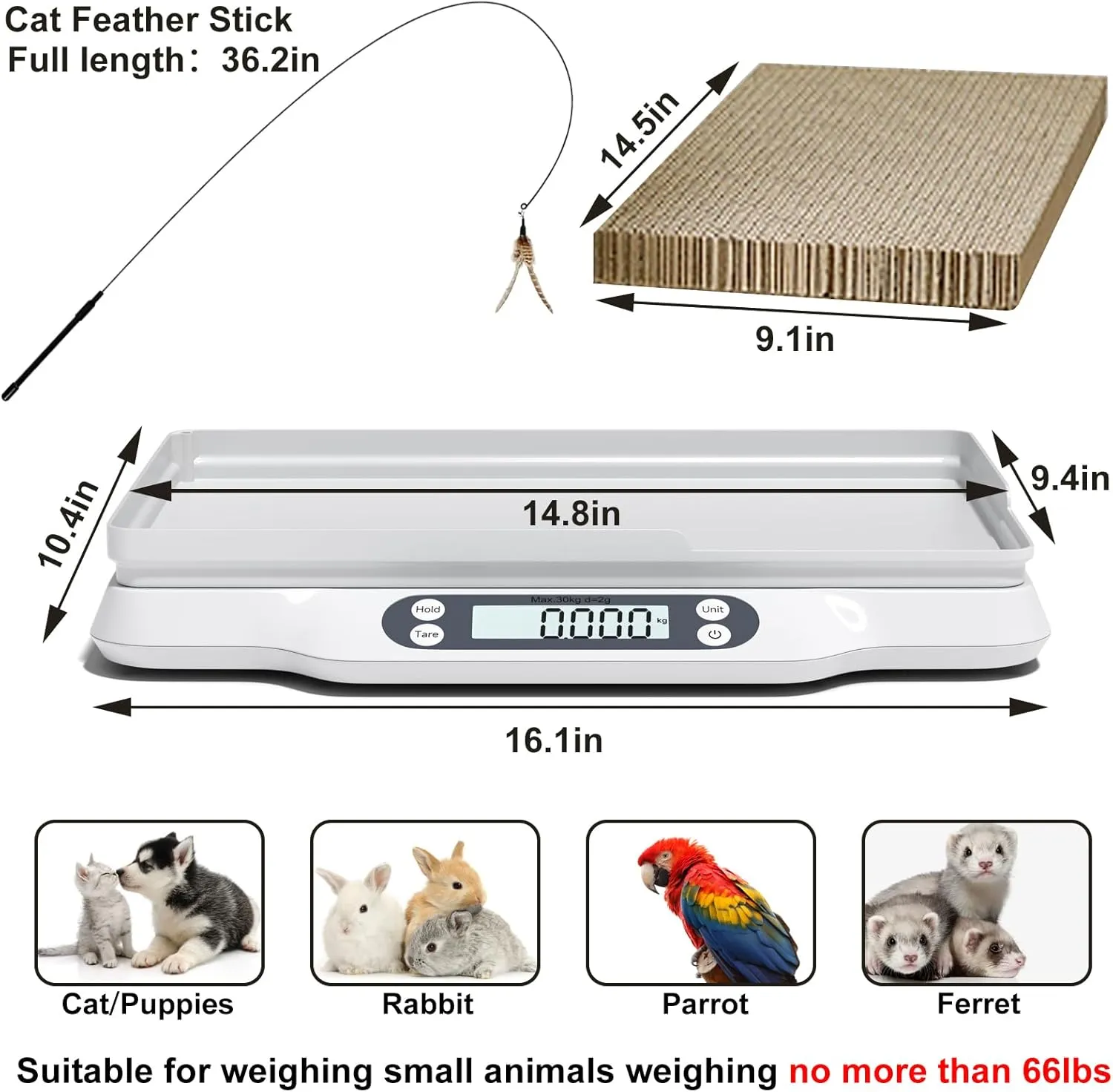 Digital Pet Scale for Cats, Portable Electronic Pet Weight Scale with Cat Scratch Board, Capacity up to 66 lb, Tray Size 15.7 * 11.8in, Small Animal Display Scale for Kitten, Rabbit or Puppy(White)