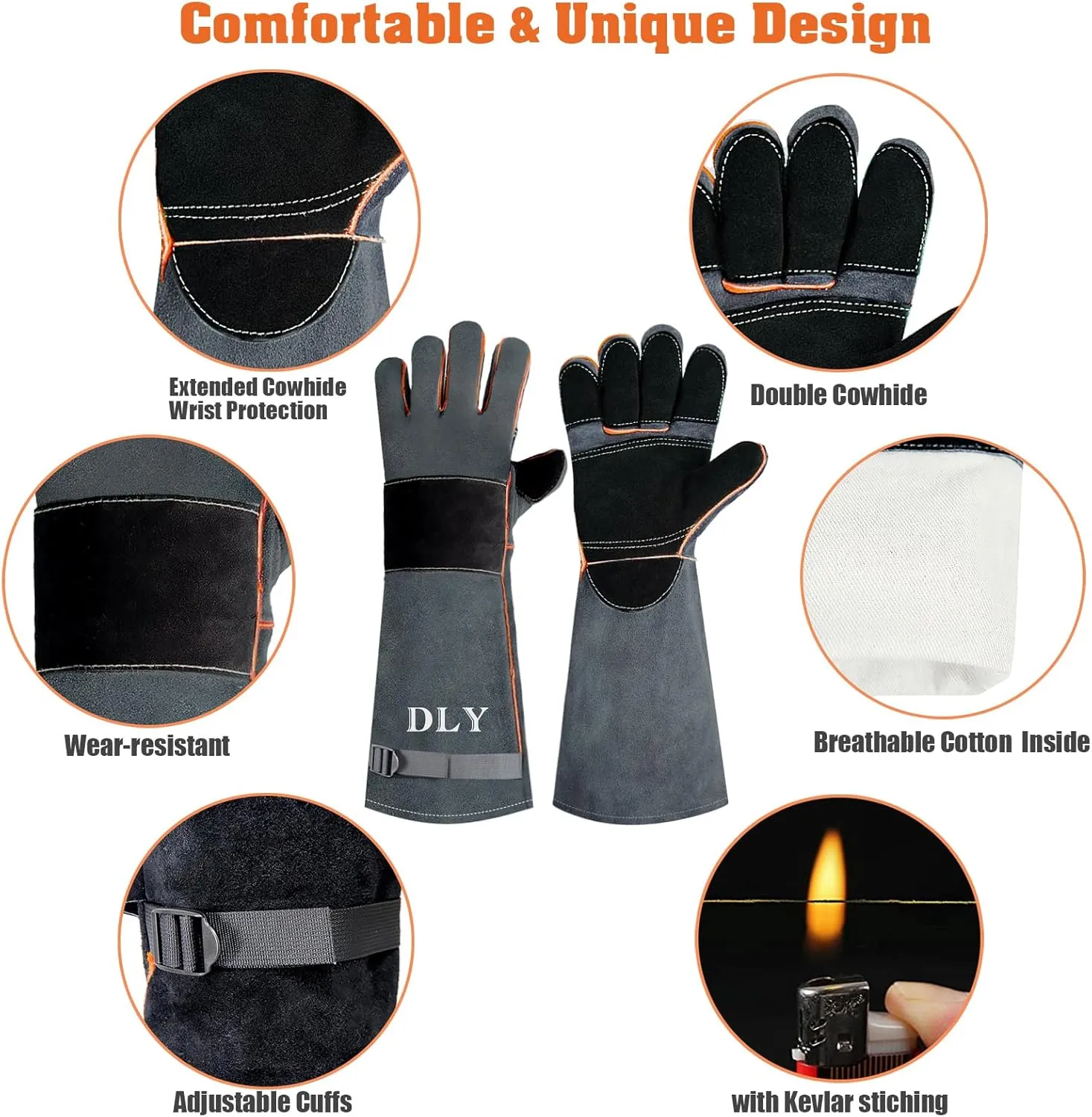 DLY Animal Handling Gloves, Double Cowhide Leather Reinforced Padding, Dog Bite Gloves for Grabbing Cat, Reptile, Falcon