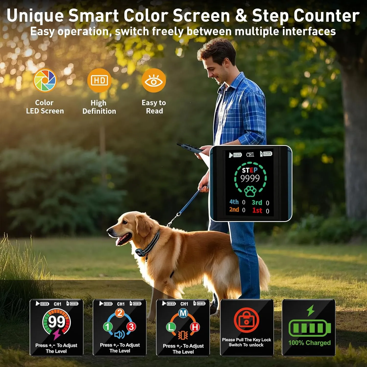 Dog Shock Collar with Remote Control - 3300FT Dog Training Collar with 5 Modes Step Counting & Light & Beep & Vibration & Shock, IP67 Waterproof Rechargeable E-Collar for All Breeds Sizes (Dark Blue)