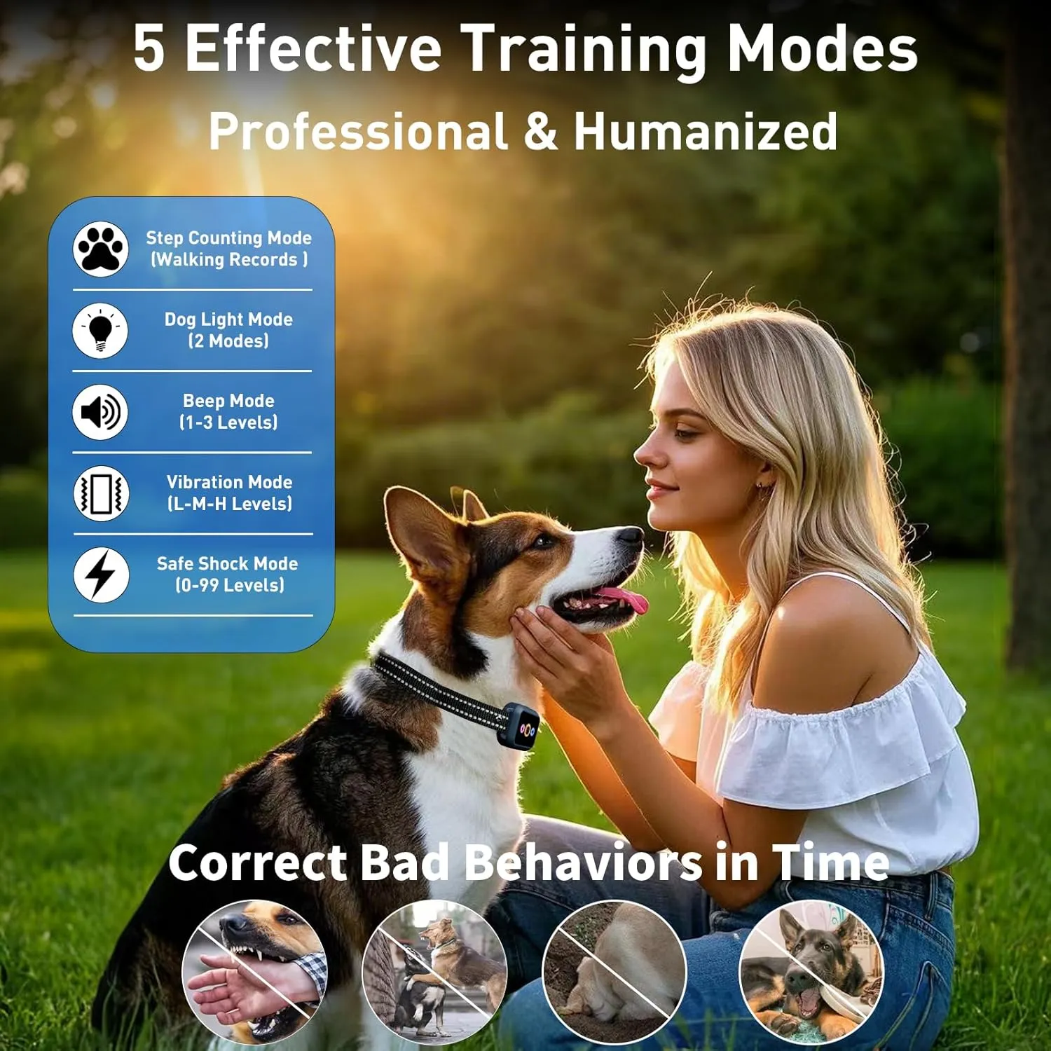Dog Shock Collar with Remote Control - 3300FT Dog Training Collar with 5 Modes Step Counting & Light & Beep & Vibration & Shock, IP67 Waterproof Rechargeable E-Collar for All Breeds Sizes (Dark Blue)