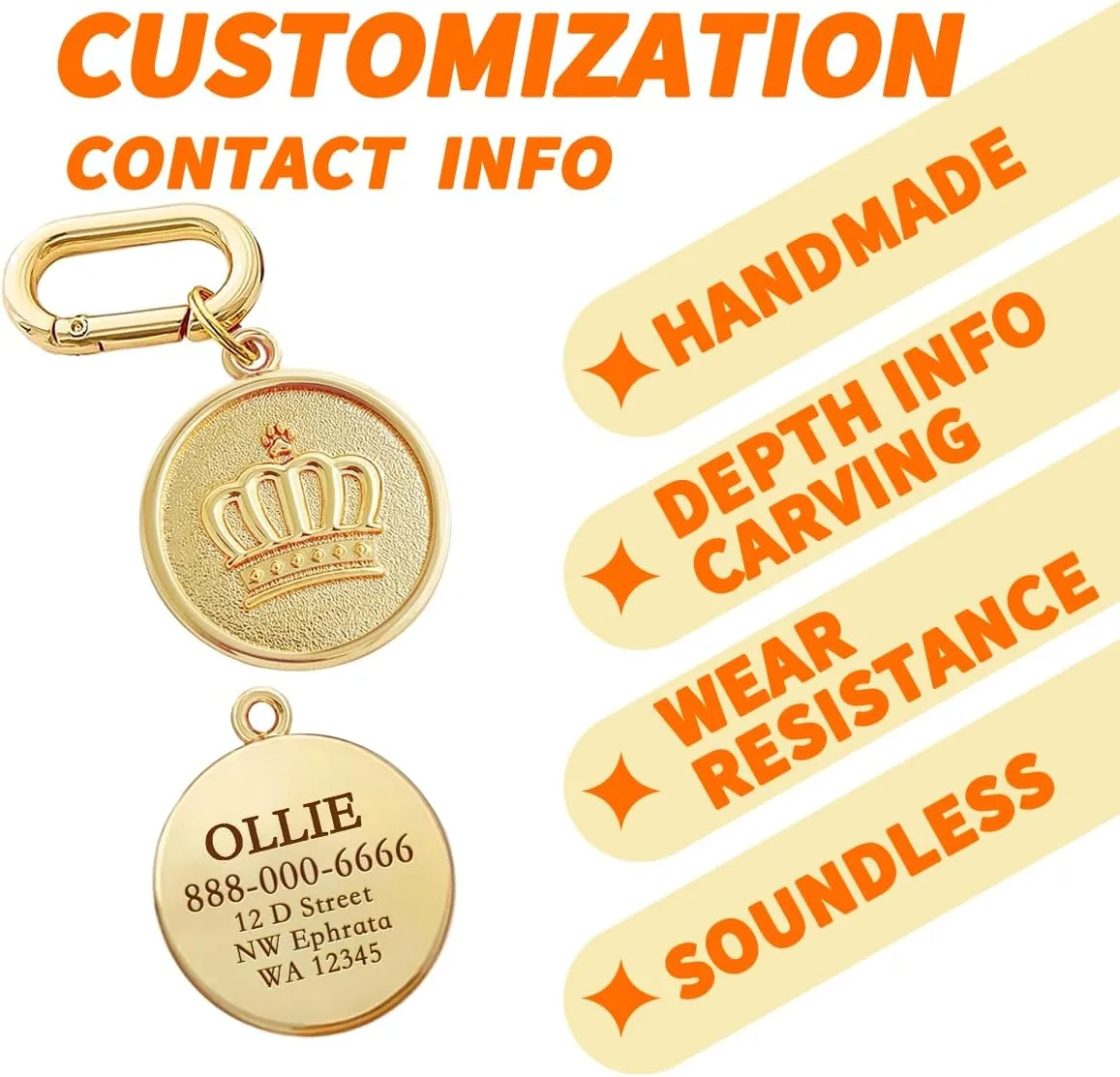 Dogs ID Tags Personalized Deep Engraved Cat & Dog Collar Charm Round Shape Frosting Process Silver/Gold Plated
