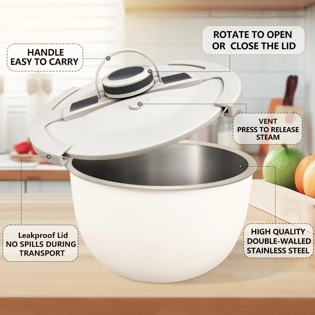 Double-Walled Stainless Steel Insulated Serving Bowl with Leak - Proof Lid - Insulated Casserole Dish - Keeps Food Warm and Cold for Hours - Perfect for Holidays, Parties, Camping - (5QT, White)