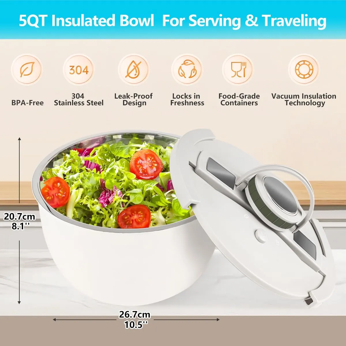 Double-Walled Stainless Steel Insulated Serving Bowl with Leak - Proof Lid - Insulated Casserole Dish - Keeps Food Warm and Cold for Hours - Perfect for Holidays, Parties, Camping - (5QT, White)