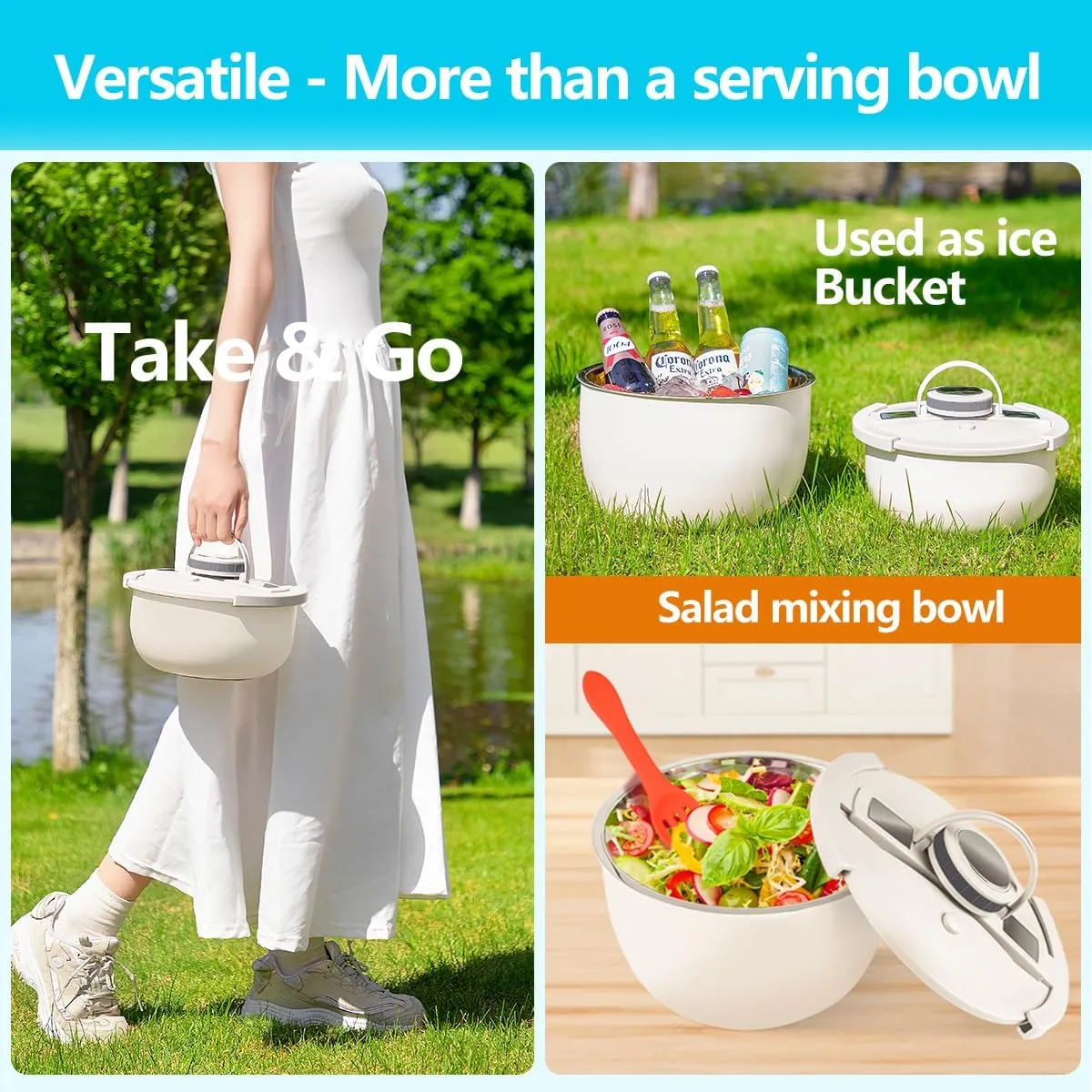 Double-Walled Stainless Steel Insulated Serving Bowl with Leak - Proof Lid - Insulated Casserole Dish - Keeps Food Warm and Cold for Hours - Perfect for Holidays, Parties, Camping - (5QT, White)