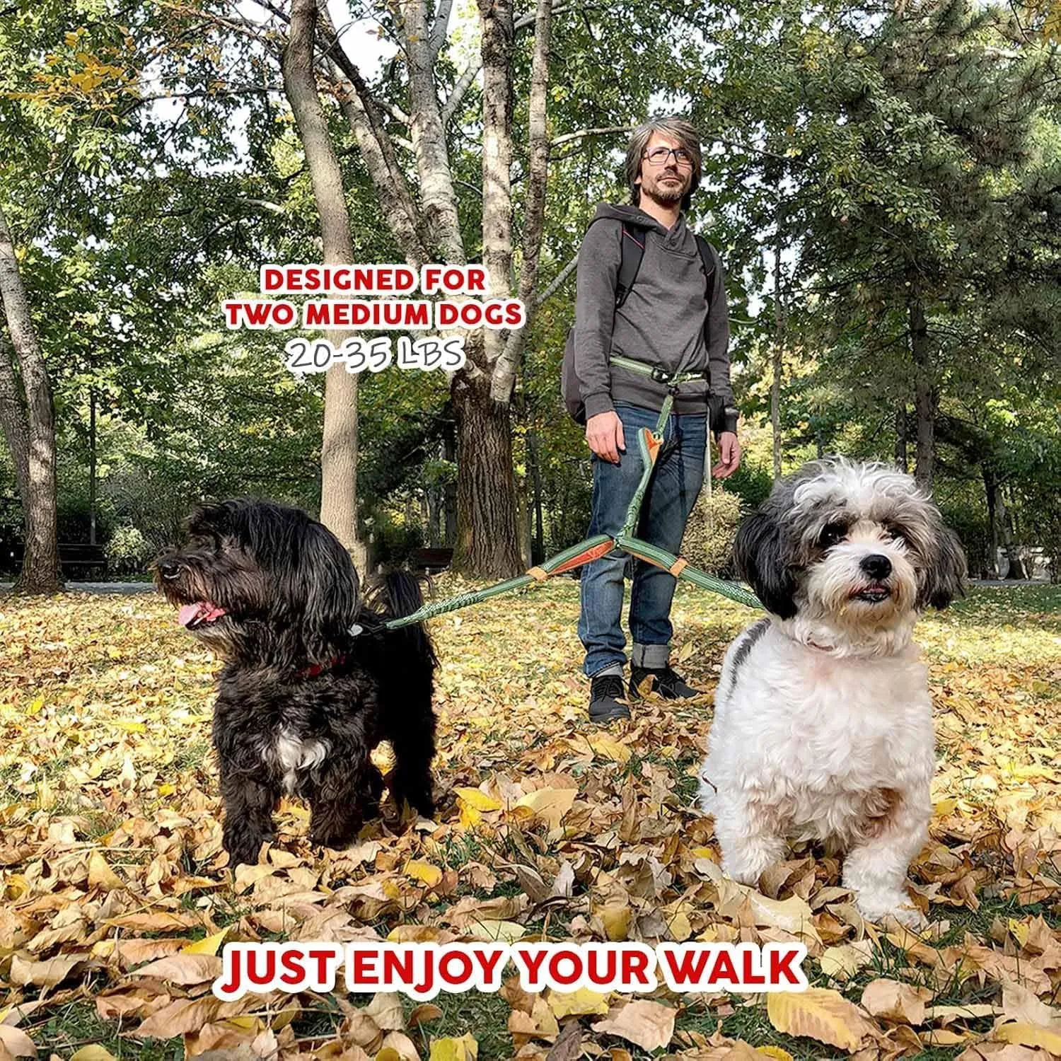 Exquisite Hands-Free Leash for Two Medium Dogs  Perfect for Active Pet Owners  Comfortable, Durable & Ideal for Running, Walking, Hiking  Premium Dual Waist Lead with Bungee  Must-Have Dog Gear