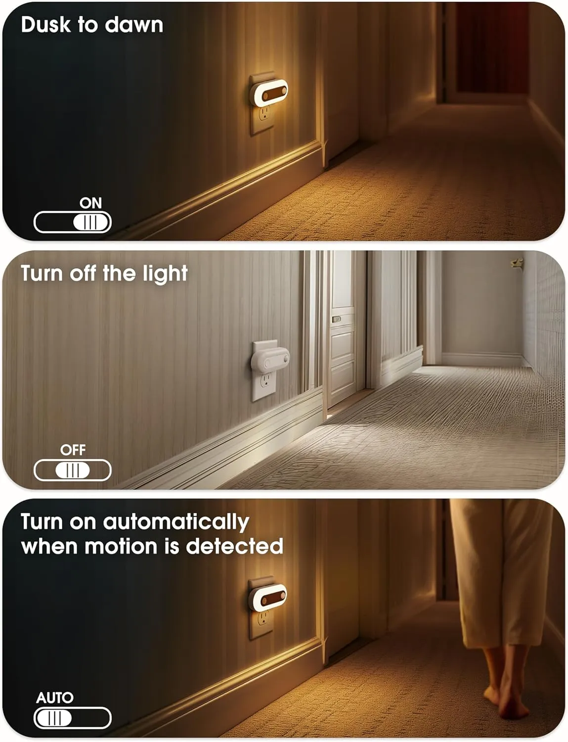 Fulighture Motion Sensor Night Light Pulg Into Wall, 2 Pack Dusk to Dawn Sensor and Motion Sensor Night Light, 30/60/100 LM Dimmable Nightlights for Home Decor, Hallway, Bedroom, Kids Room, Stairway