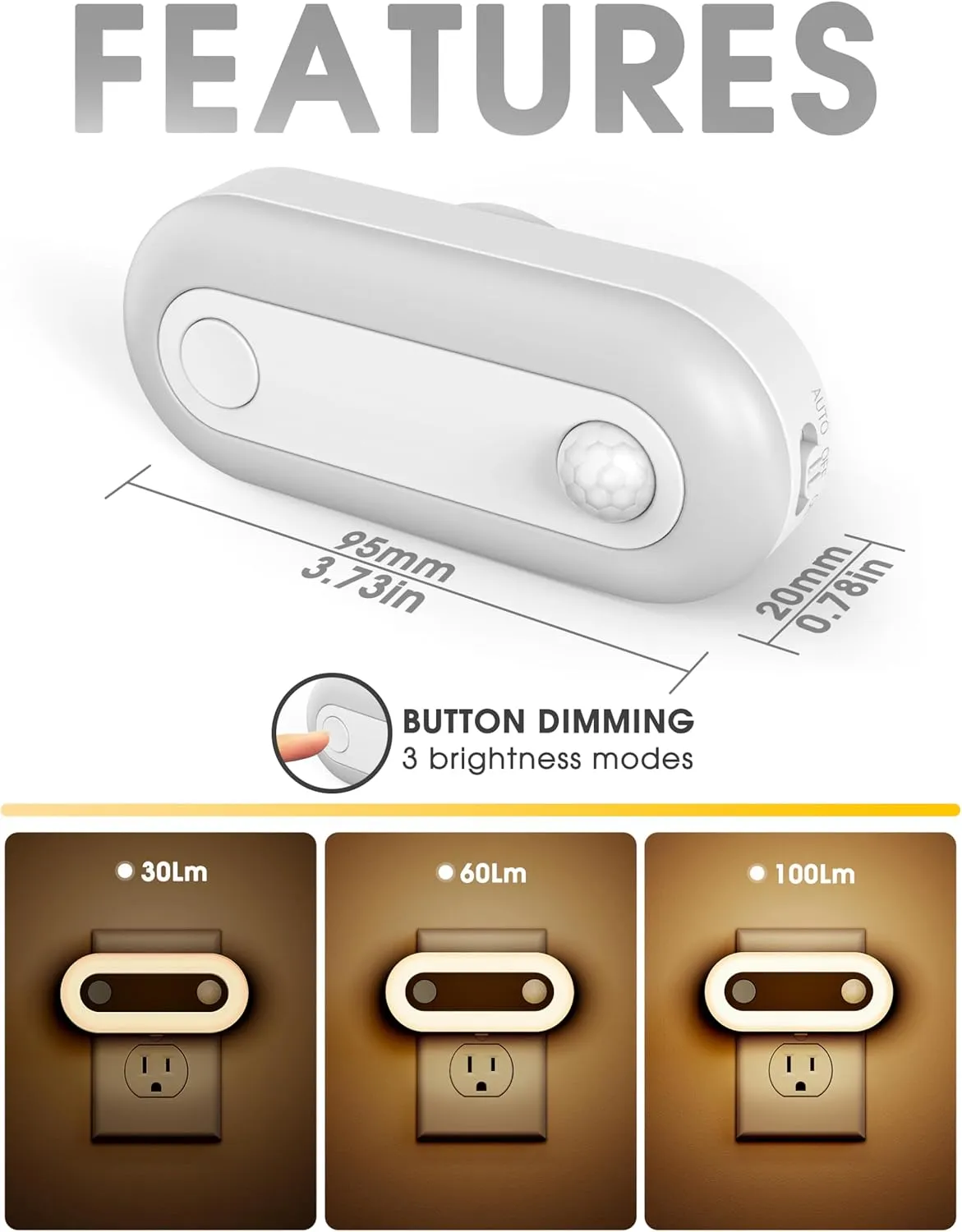 Fulighture Motion Sensor Night Light Pulg Into Wall, 2 Pack Dusk to Dawn Sensor and Motion Sensor Night Light, 30/60/100 LM Dimmable Nightlights for Home Decor, Hallway, Bedroom, Kids Room, Stairway