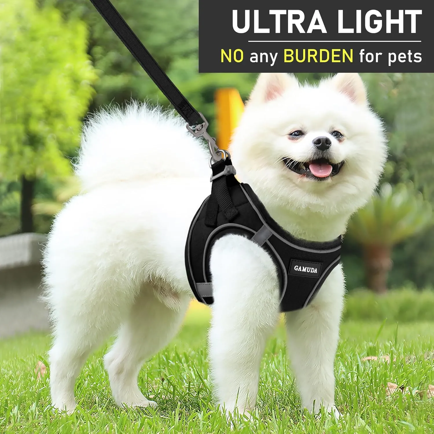 GAMUDA Small Dog Harness Collar and Leash Set, Step in No Chock No Pull Linen Fabric Soft Mesh Dog Vest Harnesses Reflective for Dogs Puppy Cats Kitten Rabbit (Black, M)