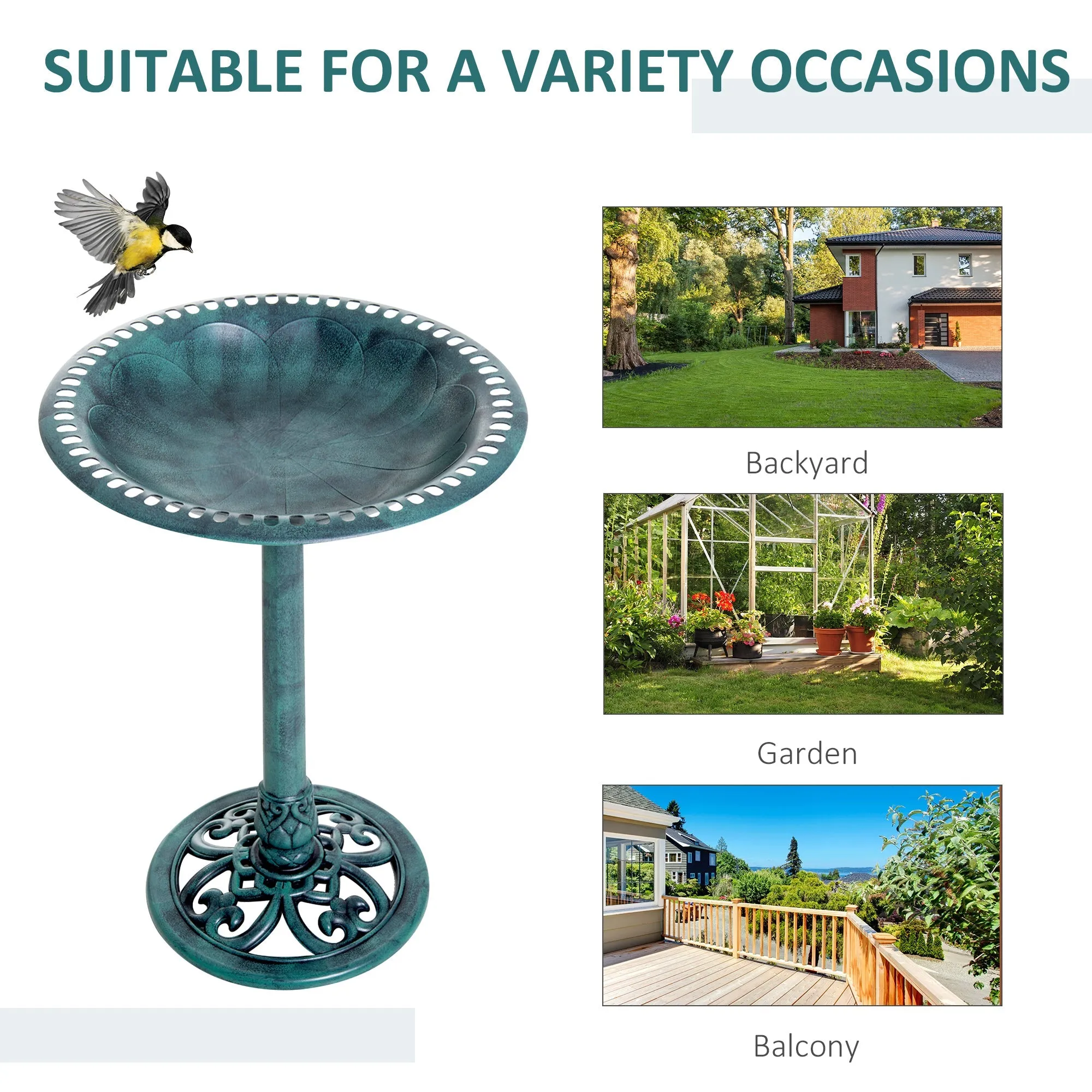 Garden Bird Bath Outdoor Decrative Garden Feeder Stand with Scallop-like Pattern Time-Worn Finish 50cm Green