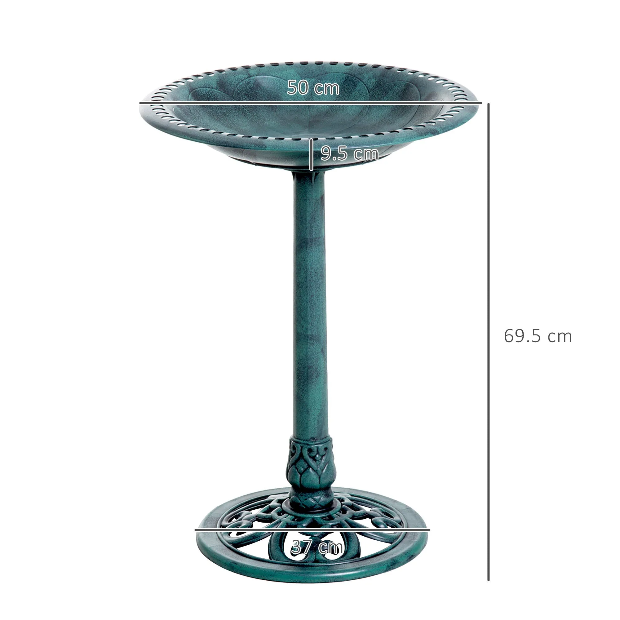 Garden Bird Bath Outdoor Decrative Garden Feeder Stand with Scallop-like Pattern Time-Worn Finish 50cm Green