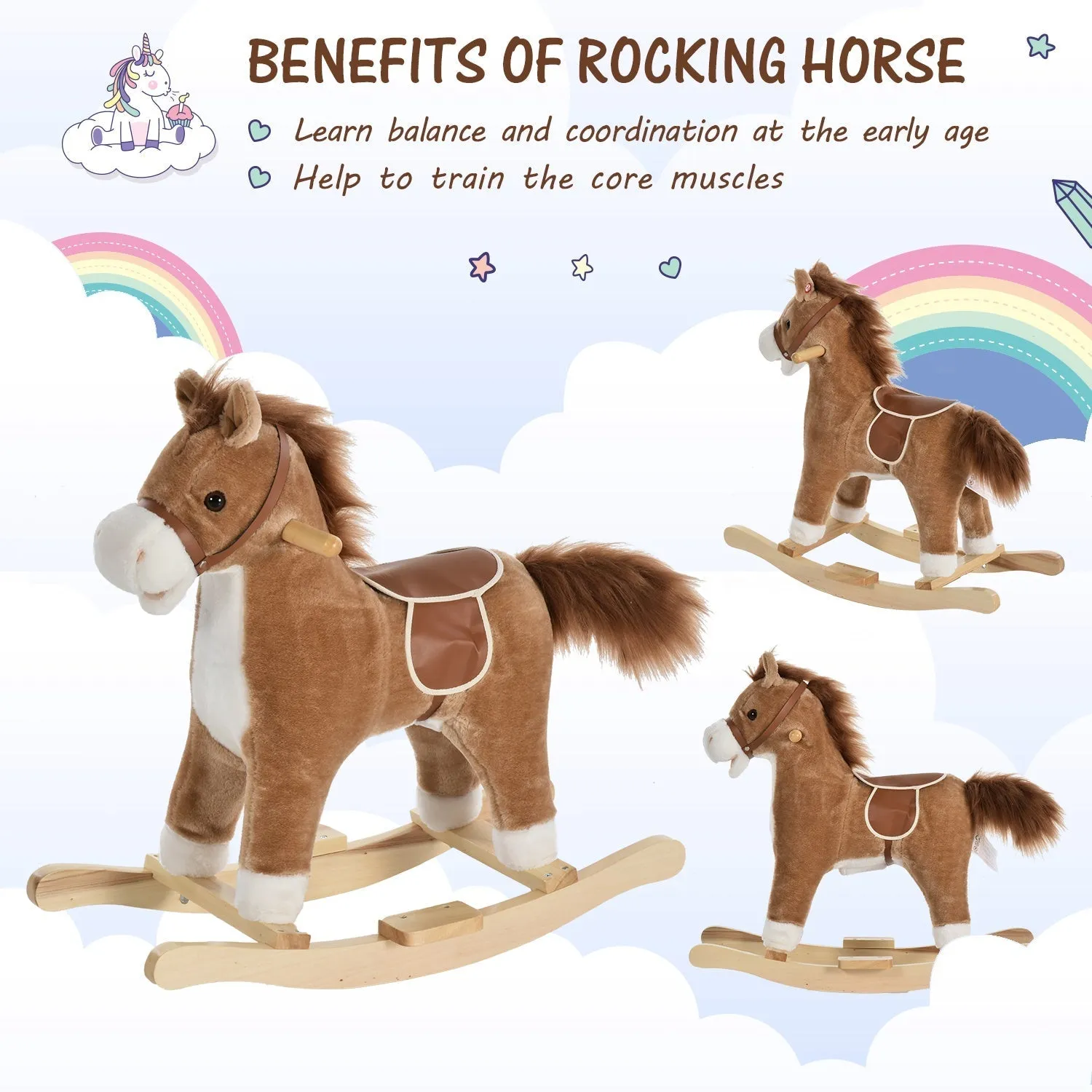 Homcom Kids Ride On Plush Rocking Horse With Sound Brown