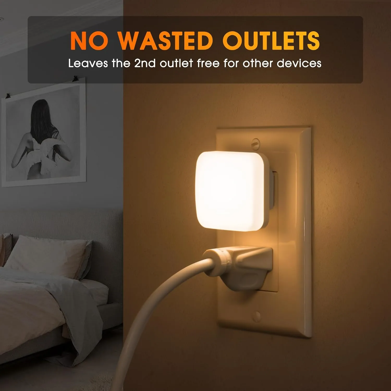 LED Night Light Plug into Wall, 2 Pack, Nightlights With Light Sensor Dusk to Dawn, 0.3W Square Plug in Night Lights for Kids, 3000K Warm White Night Light for Travel Bathroom Bedroom Kitchen