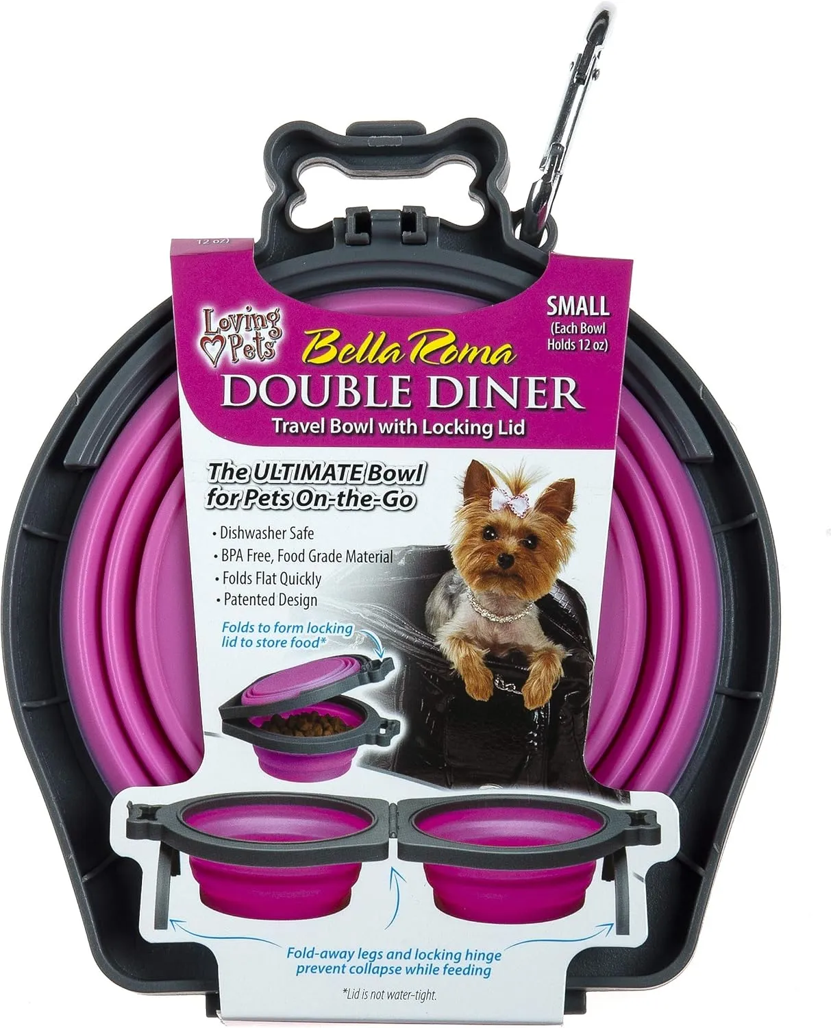 Loving Pets - Bella Roma Double Diner Portable Travel Dog Bowls Collapsible Combined Dog Food & Water Bowls (Pink, Small)