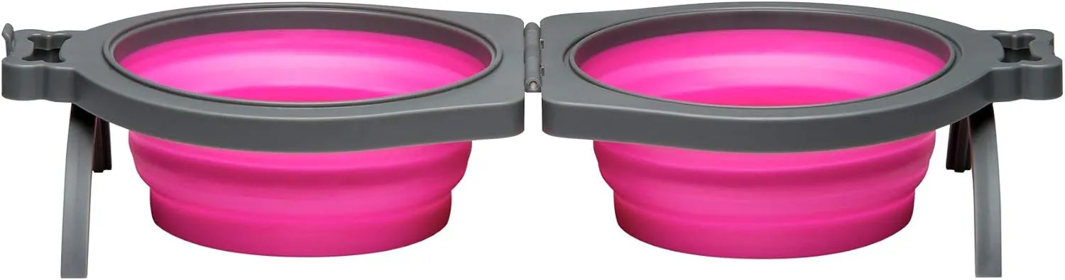 Loving Pets - Bella Roma Double Diner Portable Travel Dog Bowls Collapsible Combined Dog Food & Water Bowls (Pink, Small)