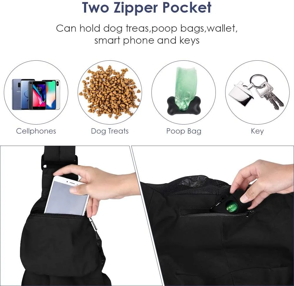 Lukovee Dog Sling Carrier, Hard Bottom Support & Adjustable Soft Padded Shoudler Strap Dog Slings for Small Dogs, Dog Purse with Drawstring Mesh Opening & Zipper Pockets for Puppy Cat Pet (Black)