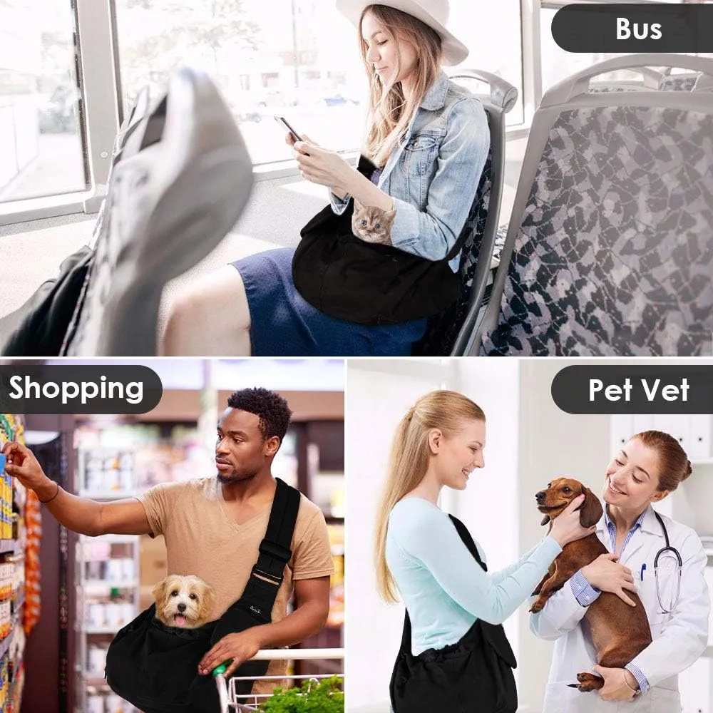 Lukovee Dog Sling Carrier, Hard Bottom Support & Adjustable Soft Padded Shoudler Strap Dog Slings for Small Dogs, Dog Purse with Drawstring Mesh Opening & Zipper Pockets for Puppy Cat Pet (Black)