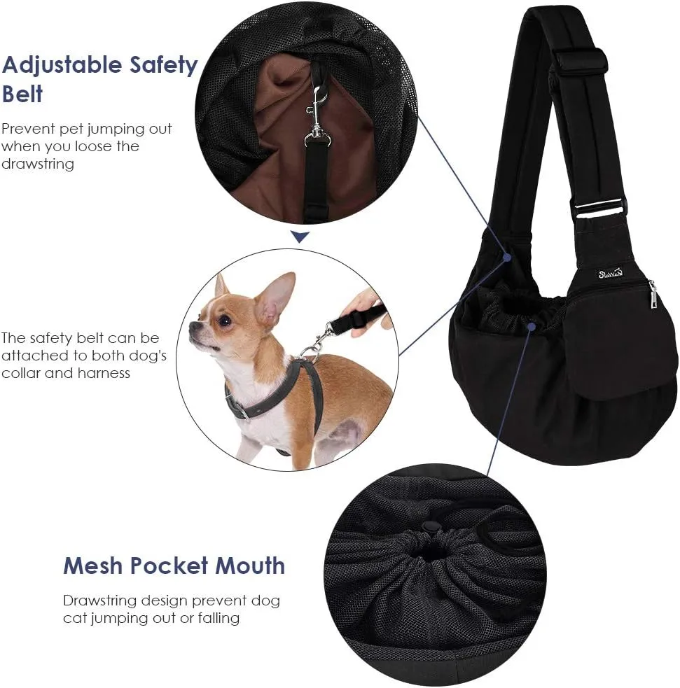 Lukovee Dog Sling Carrier, Hard Bottom Support & Adjustable Soft Padded Shoudler Strap Dog Slings for Small Dogs, Dog Purse with Drawstring Mesh Opening & Zipper Pockets for Puppy Cat Pet (Black)