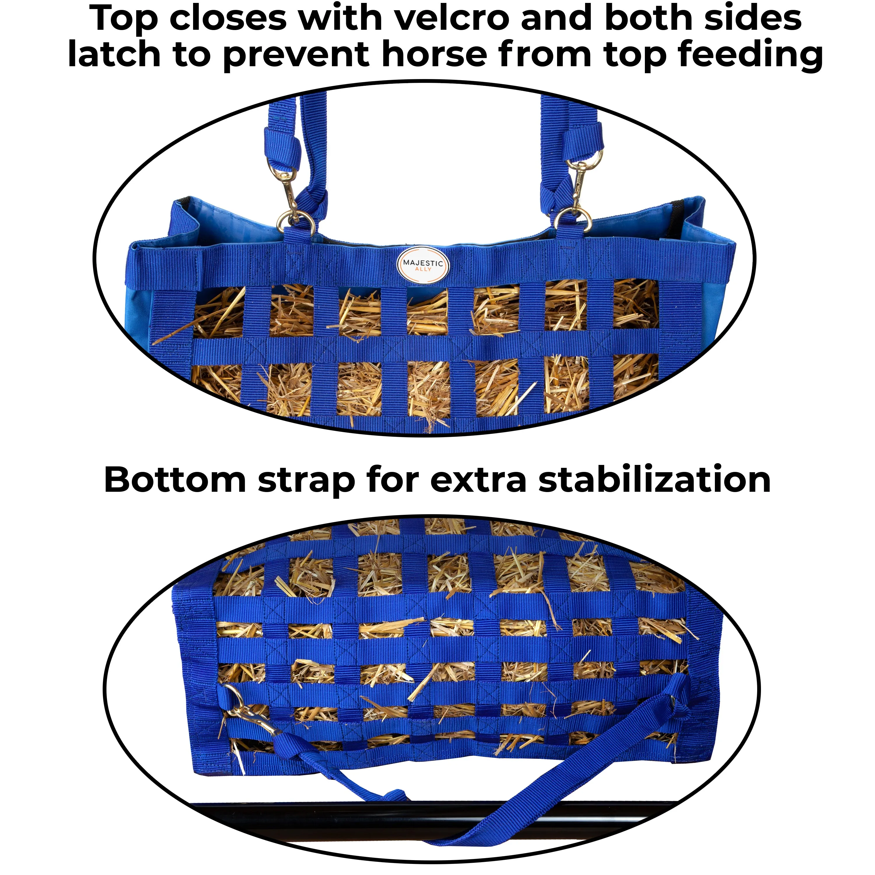 Majestic Ally Nylon Fabric 27"x21'x7.5" Slow Feeder Hay Bag for Horses and small Animals With Adjustable Travel Feeder for Trailer and Stall Comes in 4 Colors