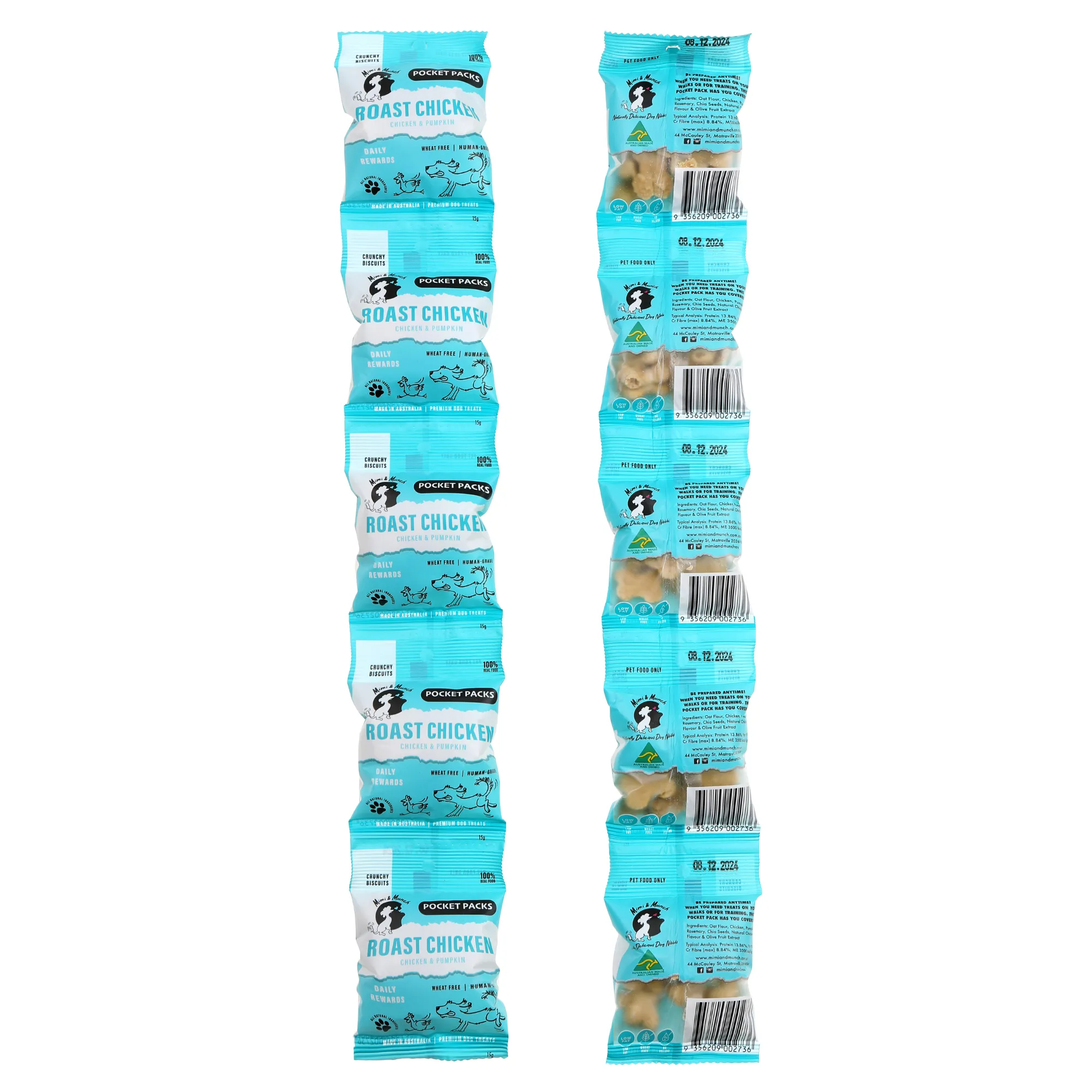 Mimi & Munch Pocket Pack Roast Chicken Natural Wheat Free Biscuits Strip of 5 Mini Packs Dog Treats 75g