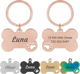Natiform Personalized Pet ID Tags, Brushed Stainless Steel Dog Tags, Up to 4 Lines of Custom Text Engraved on Both Sides, Hollowed Paw Bone Shaped Collar Pendant(M Rose Gold)