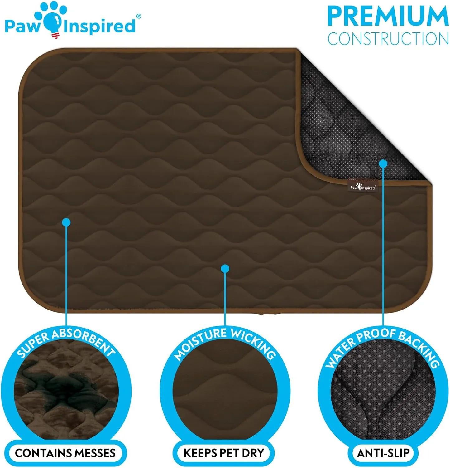 Paw Inspired Washable Padded Crate Mats for Dogs | 47 x 29 Pad, Fits 48-inch Kennels | Leakproof, Waterproof Bottom, Plush Pet Beds (Dark Brown)