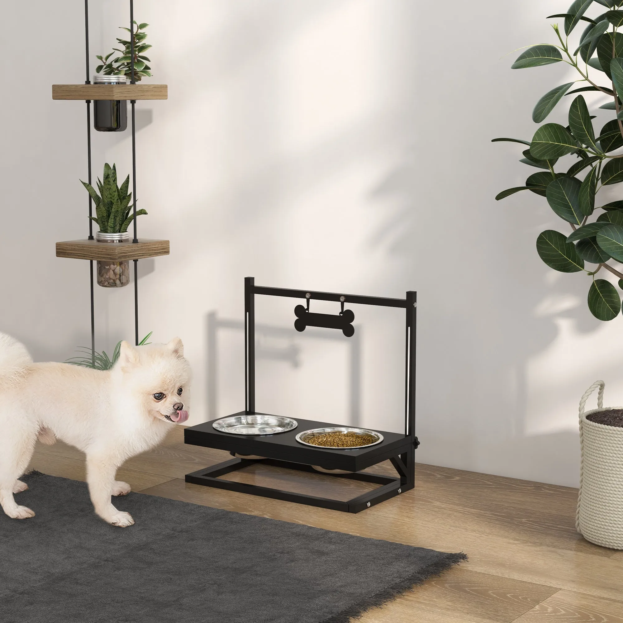 PawHut Adjustable Elevated Dog Feeder with 2 Stainless Steel Bowls - Black, 40.5x22x39 cm