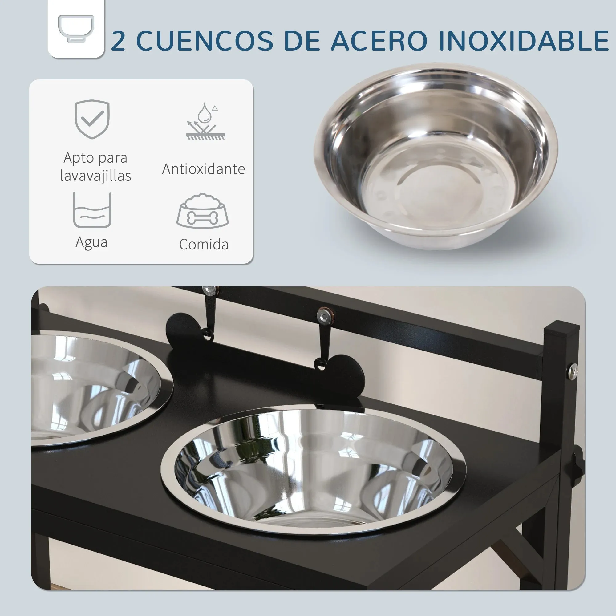 PawHut Adjustable Elevated Dog Feeder with 2 Stainless Steel Bowls - Black, 40.5x22x39 cm