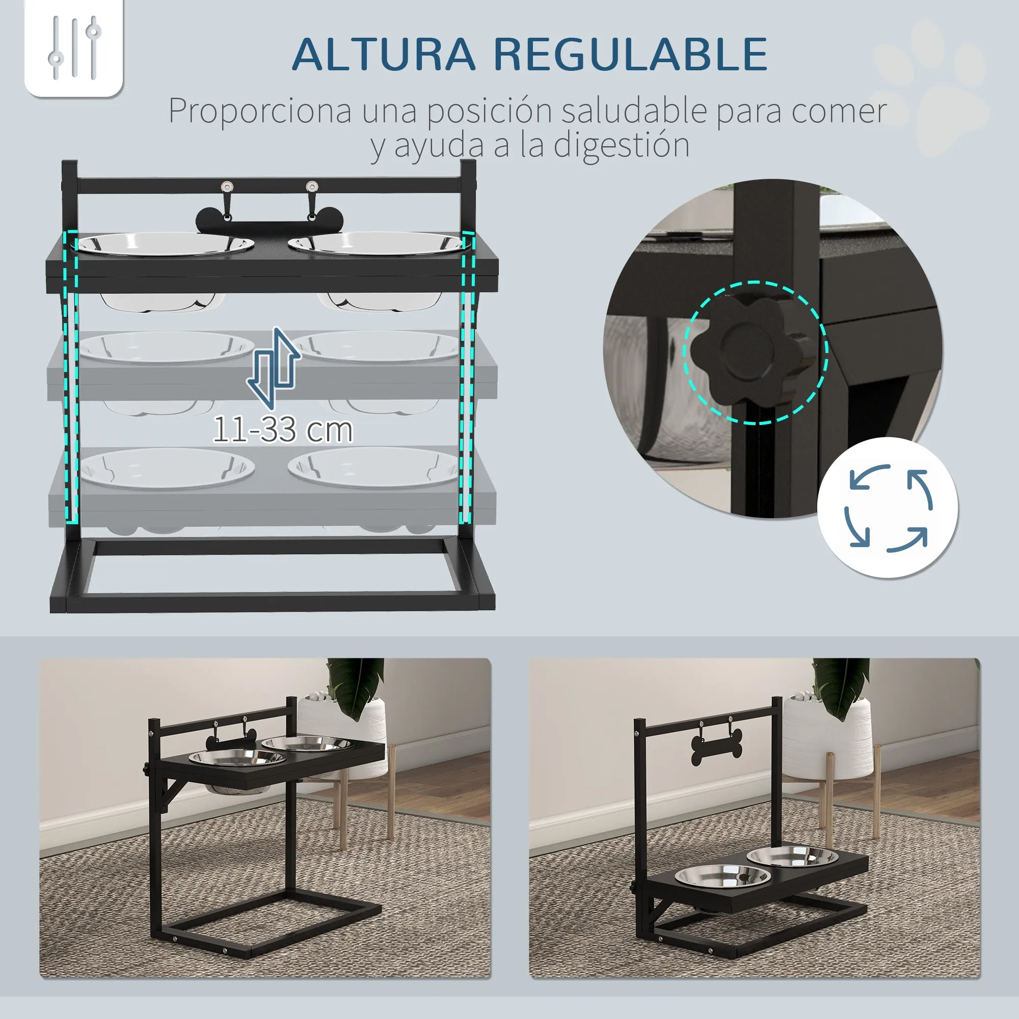 PawHut Adjustable Elevated Dog Feeder with 2 Stainless Steel Bowls - Black, 40.5x22x39 cm