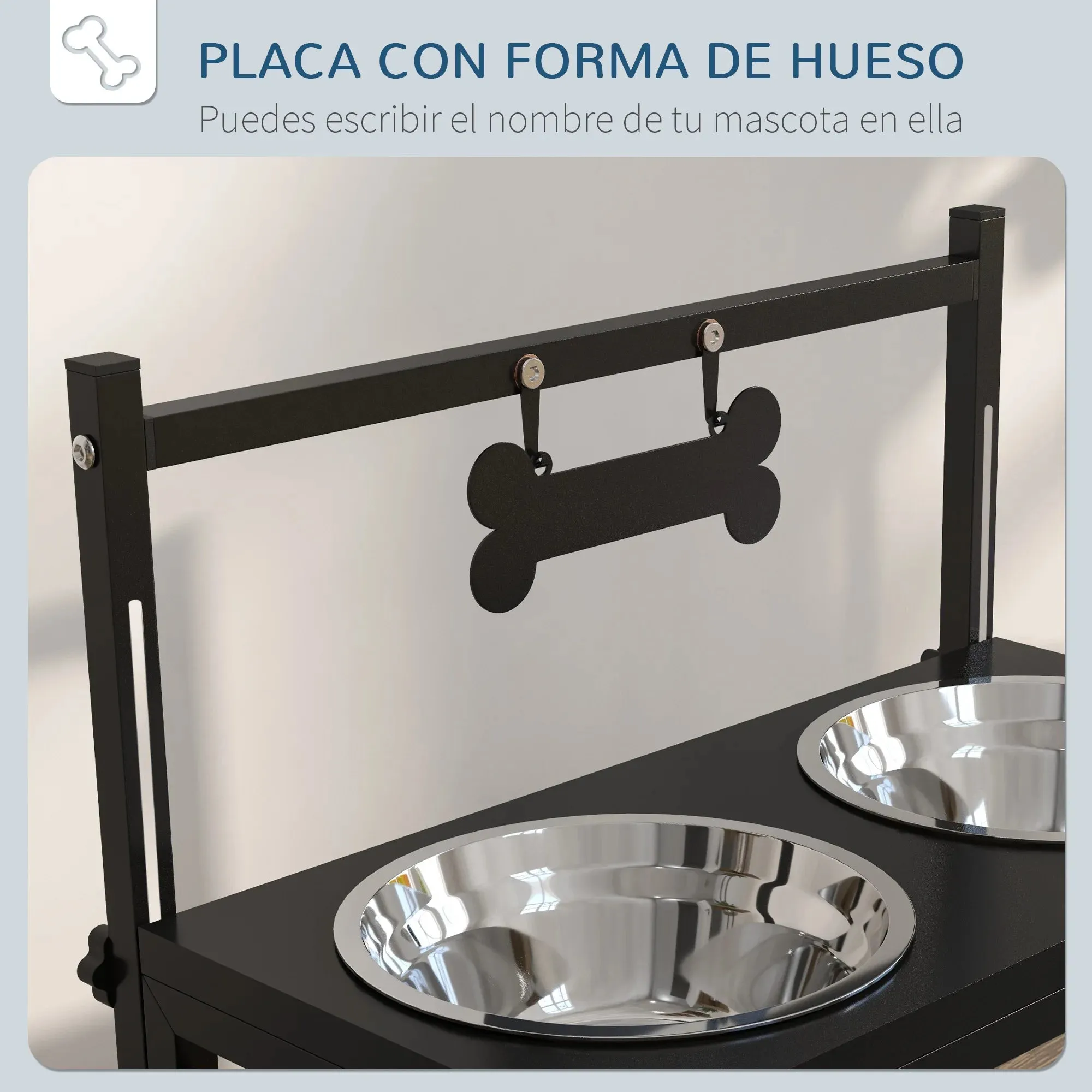 PawHut Adjustable Elevated Dog Feeder with 2 Stainless Steel Bowls - Black, 40.5x22x39 cm