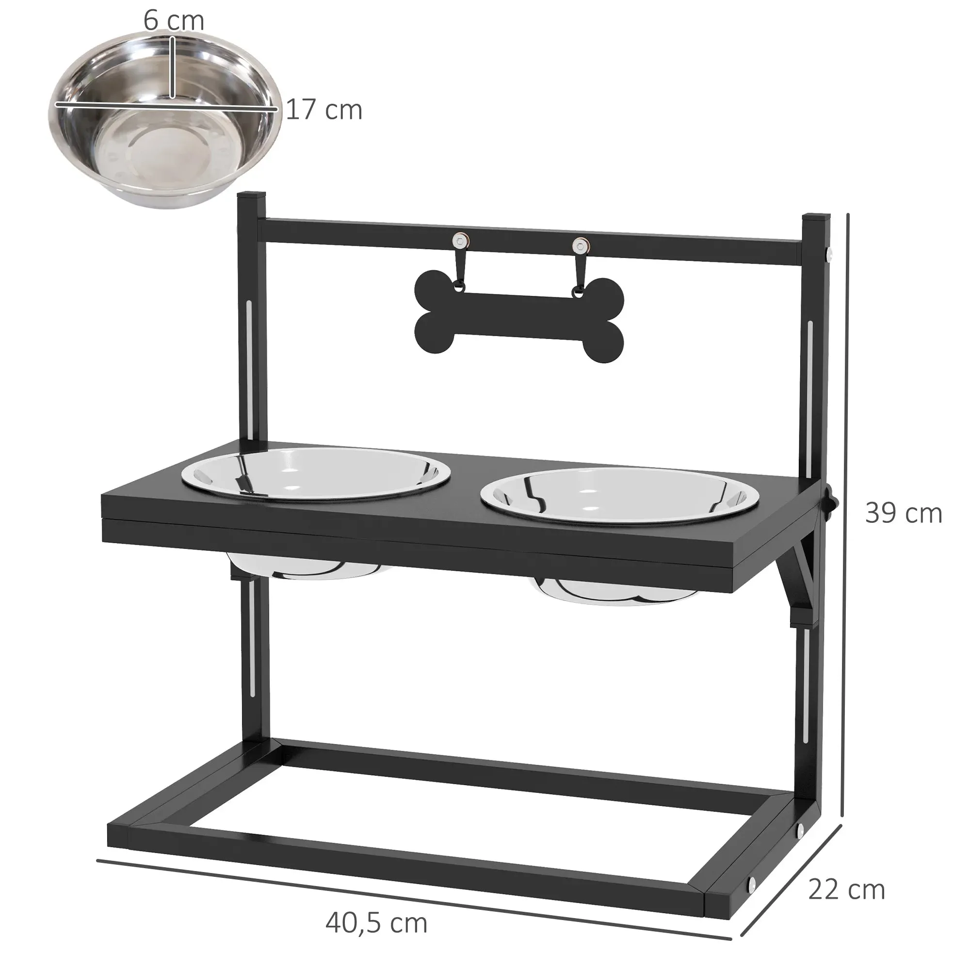 PawHut Adjustable Elevated Dog Feeder with 2 Stainless Steel Bowls - Black, 40.5x22x39 cm