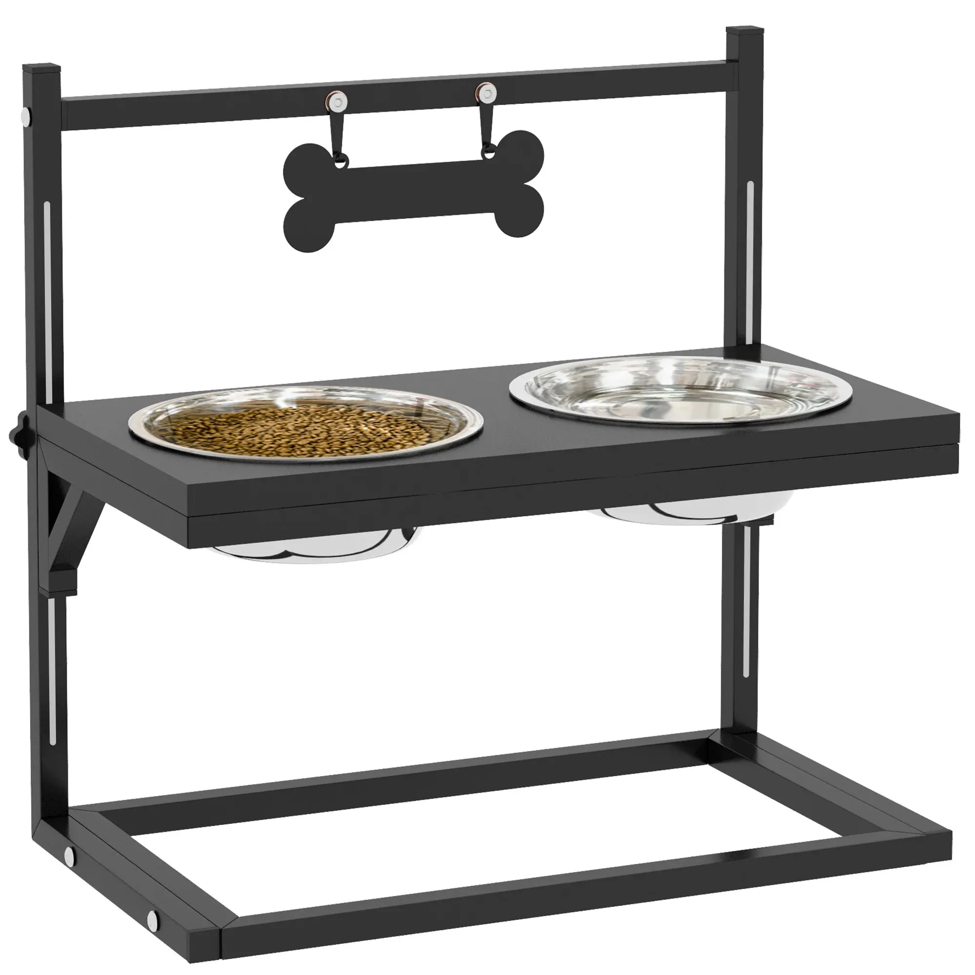 PawHut Adjustable Elevated Dog Feeder with 2 Stainless Steel Bowls - Black, 40.5x22x39 cm