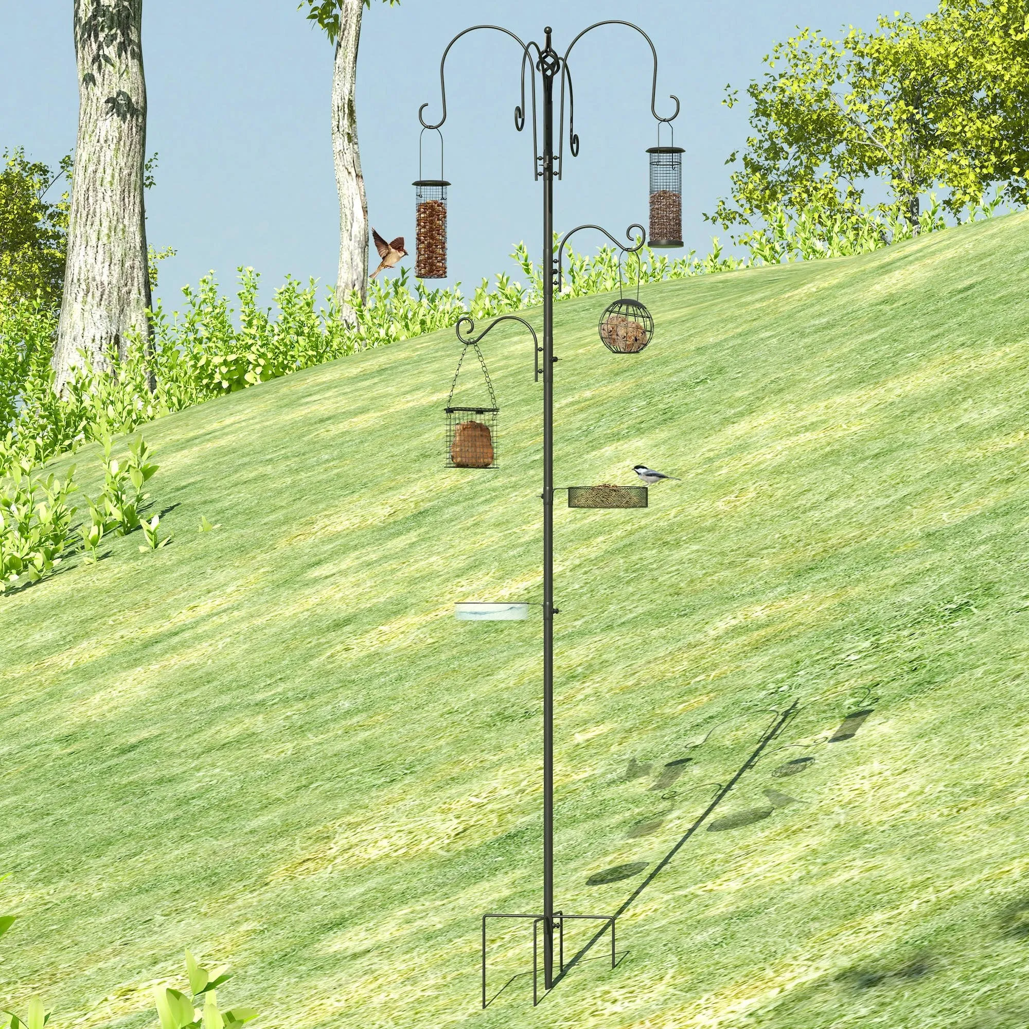 PawHut Bird Feeding Station Kit Wild Bird Feeder Pole w/ 6 Hooks 4 Hanging Feeders