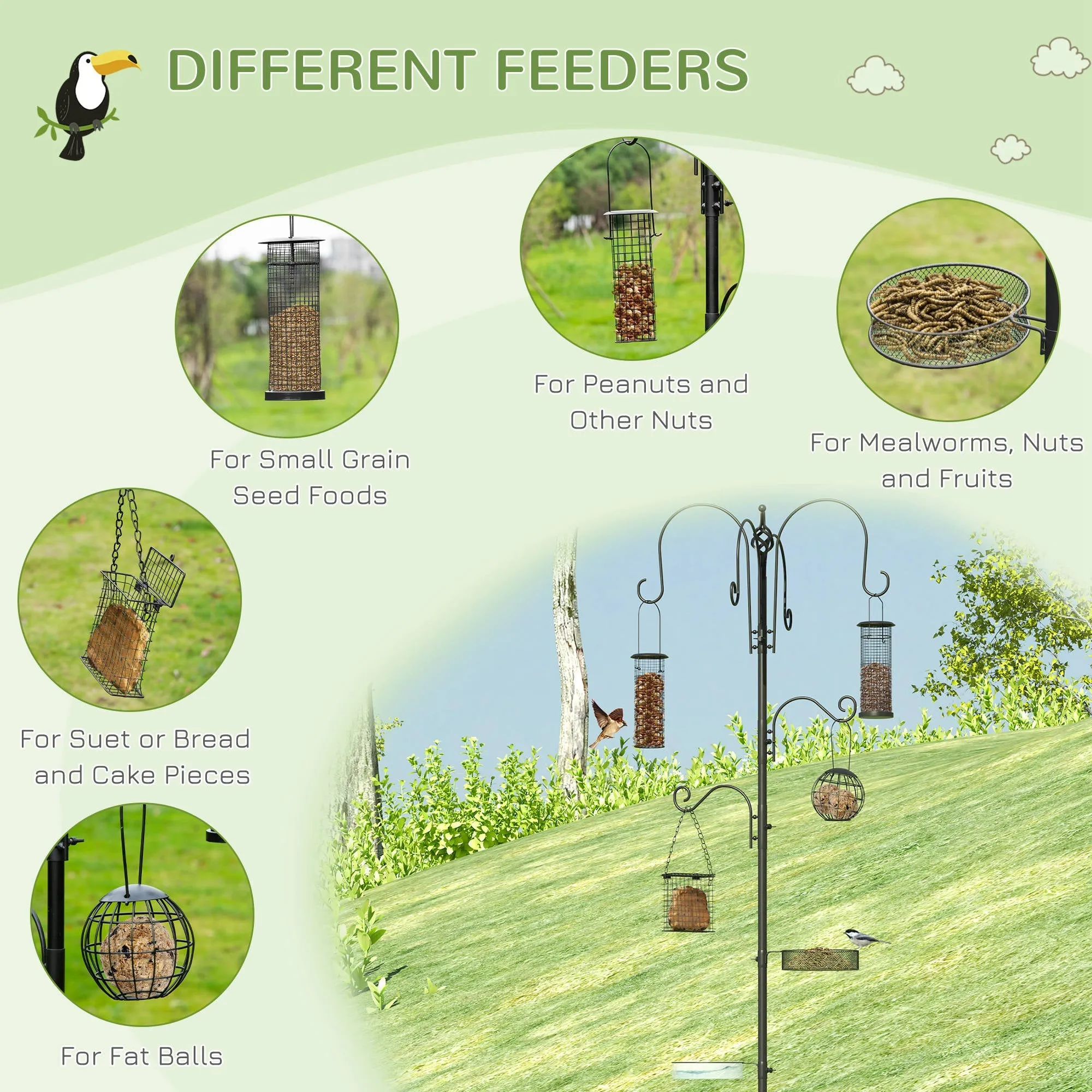 PawHut Bird Feeding Station Kit Wild Bird Feeder Pole w/ 6 Hooks 4 Hanging Feeders
