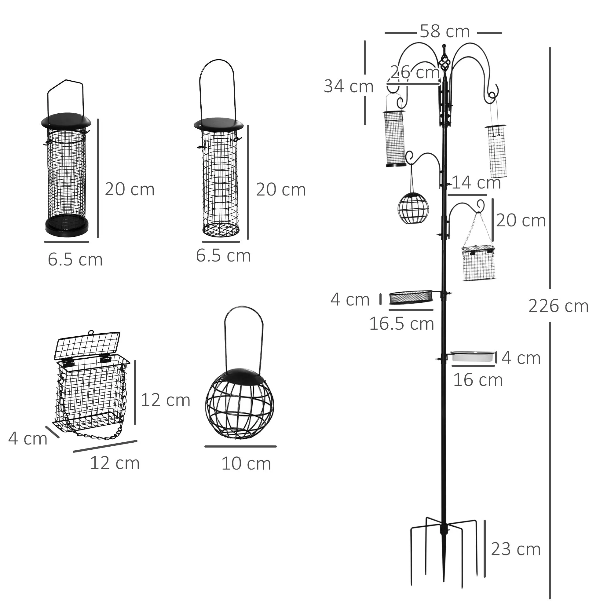 PawHut Bird Feeding Station Kit Wild Bird Feeder Pole w/ 6 Hooks 4 Hanging Feeders