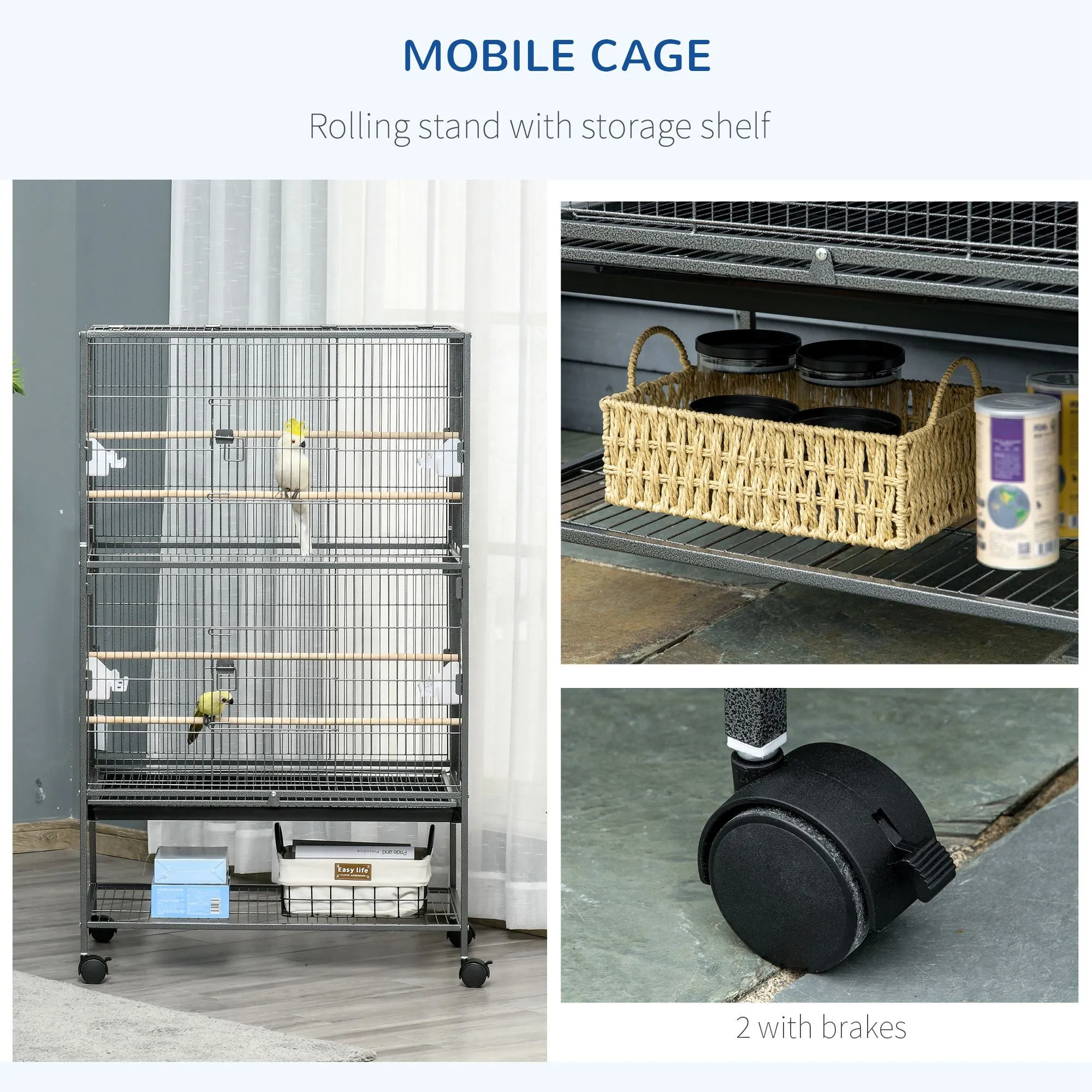 PawHut Large Bird Cage Budgie Cage for Finch Canaries Parrot with Stand Grey
