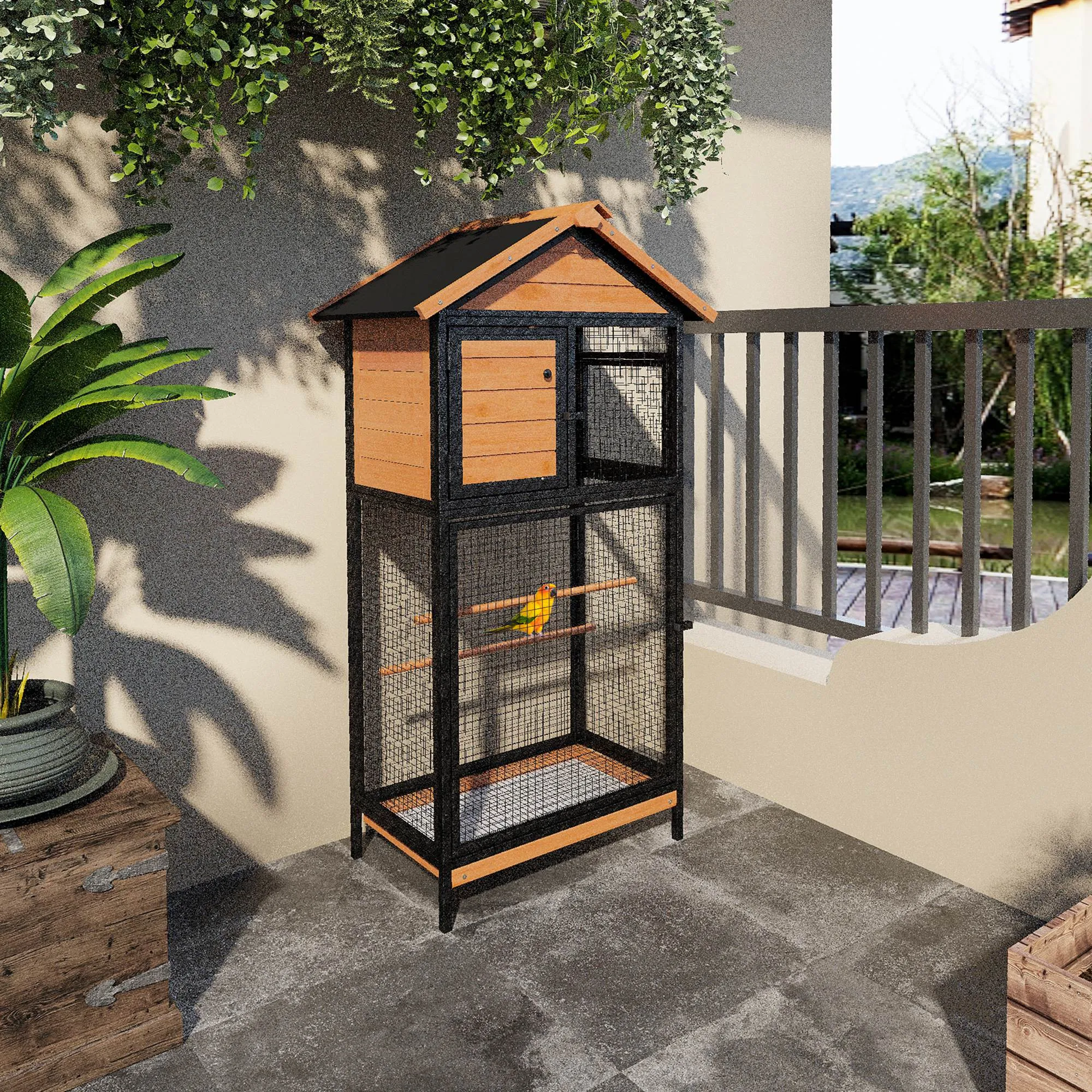PawHut Wood & Steel Aviary Bird Cage w/ Standing Pole, Nest, Slide-Out Tray