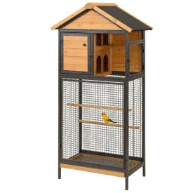 PawHut Wood & Steel Aviary Bird Cage w/ Standing Pole, Nest, Slide-Out Tray
