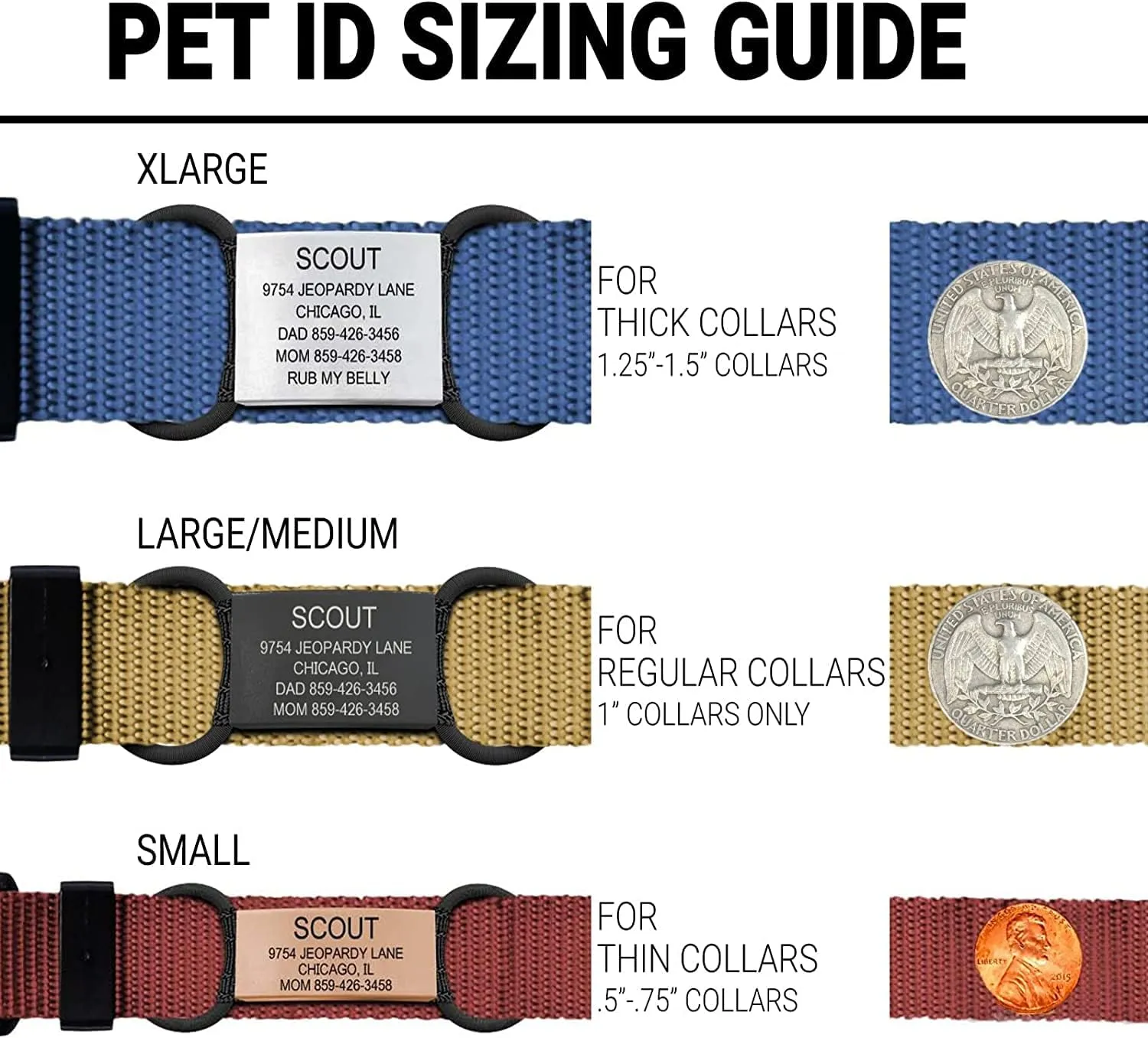 Personalized Dog Tags by ROAD iD | Silent & Durable | Jingle-Free Slide-On Design | Stainless Steel Name Tag Fits Any Collar | Multiple Colors & Sizes for Your Pet's Unique Style