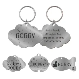 Personalized Pet ID Tags, Stainless Steel Double Sided Engraved Cat Name Tag, Customized Cloud, Fish, Bell Shapes Collar Pendant for Puppy and Kitten
