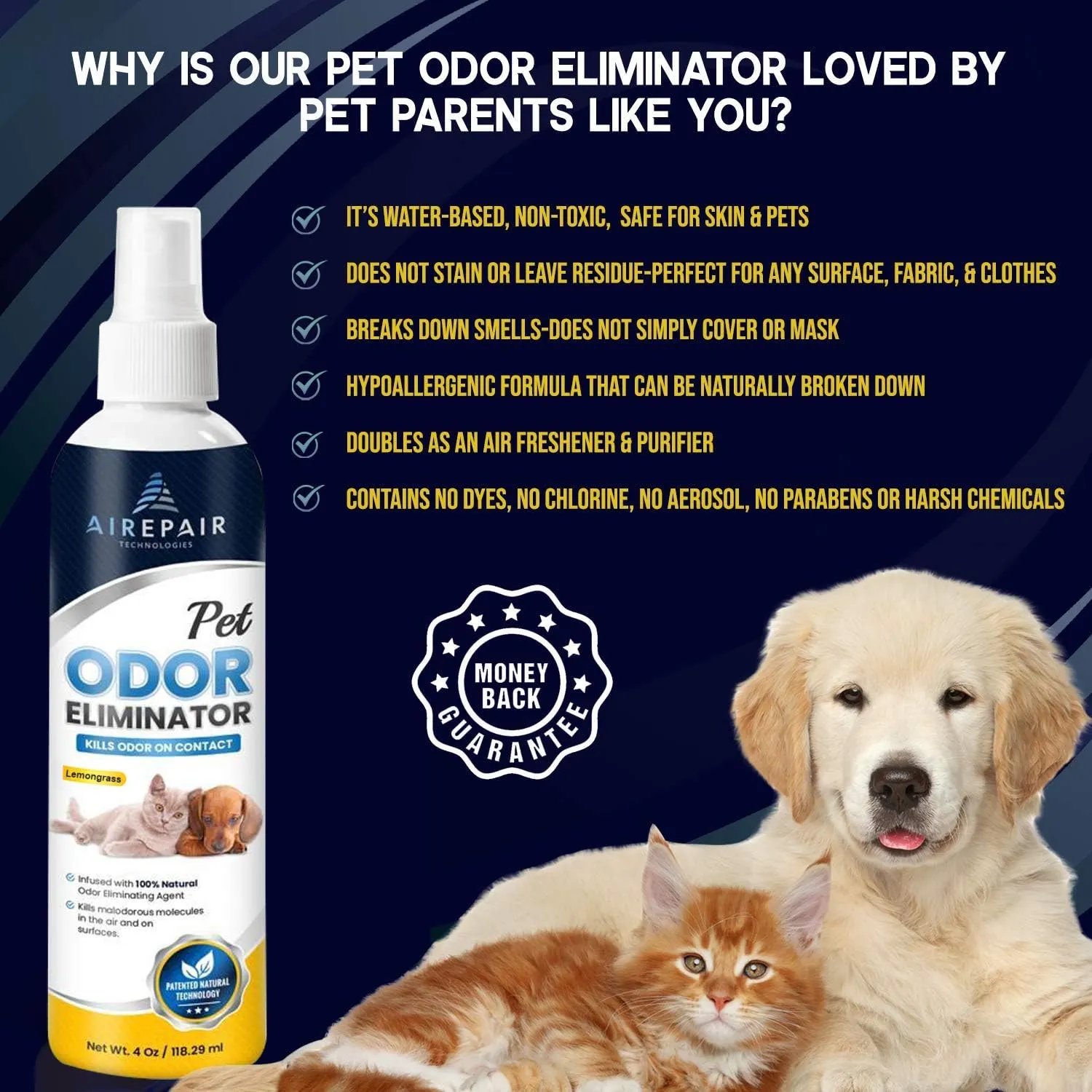 Pet Odor Eliminator for Home-Natural Air Purifier Spray for Cats and Dogs-Deodorizer, Air Freshener- Non-Toxic, Family Safe, Water-Based, Hypoallergenic, Biodegradable Smell (2-Pack, Lemongrass)