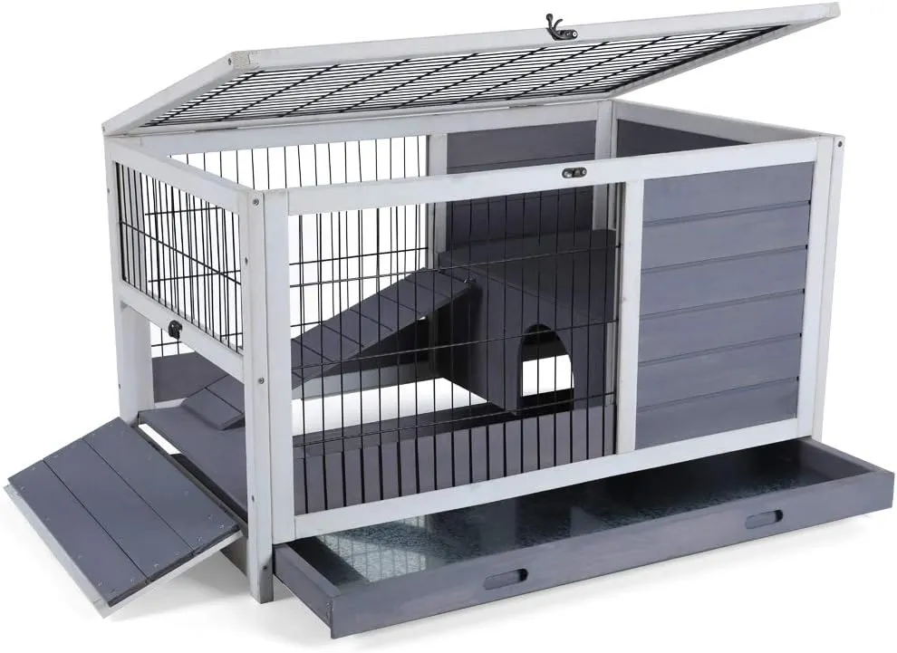 PETSFIT Guinea Pig House Leak Proof Design, Spruce Wood Rabbit Hutch with Bottom Net Hideout for Rest and Ramp for Enter and Out Solid Grey