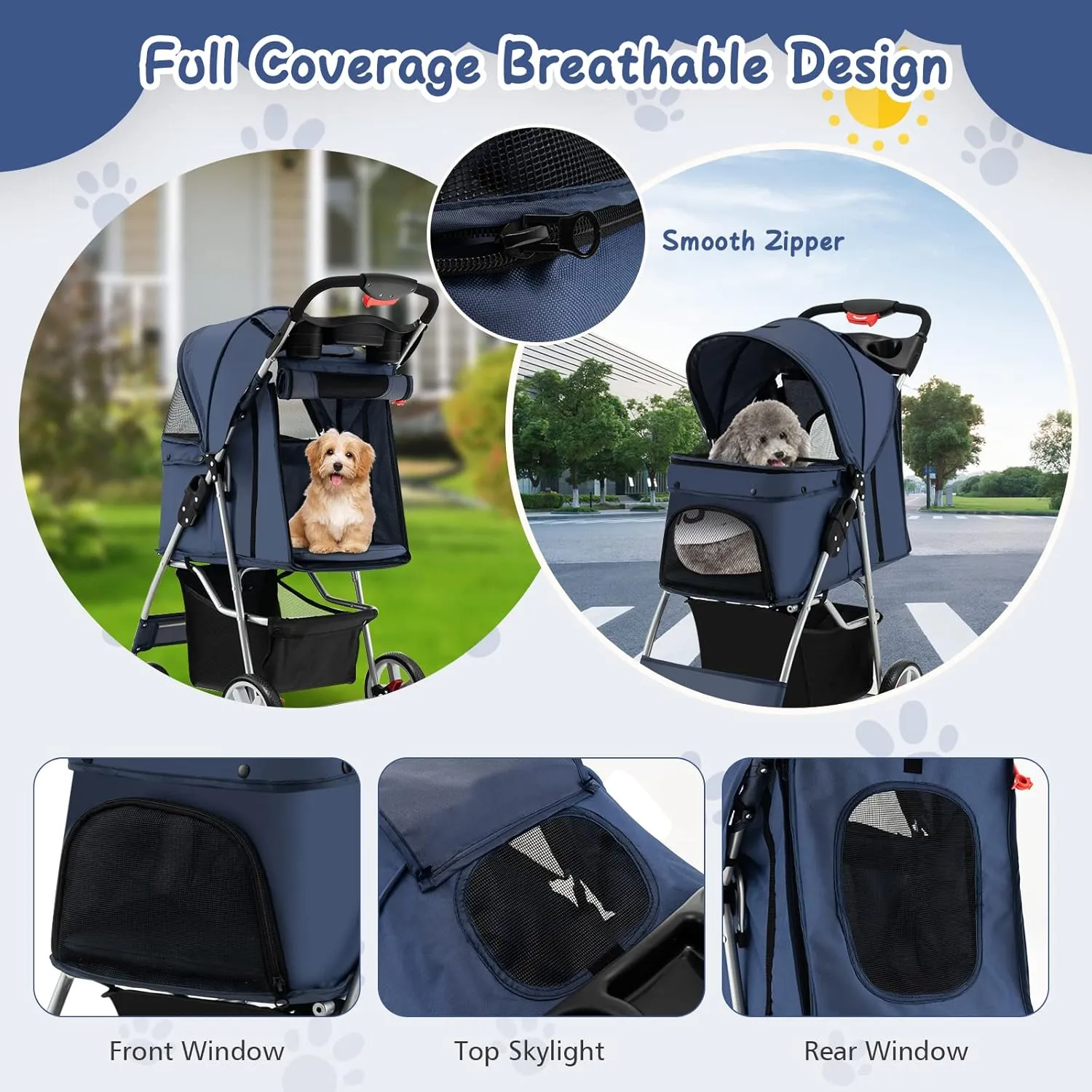 PETSITE Folding Dog Stroller, Pet Stroller for Small Medium Dogs & Cats, Pet Travel Carrier with 4 Lockable Wheels, Cup Holder, Removable Liner and Storage Basket