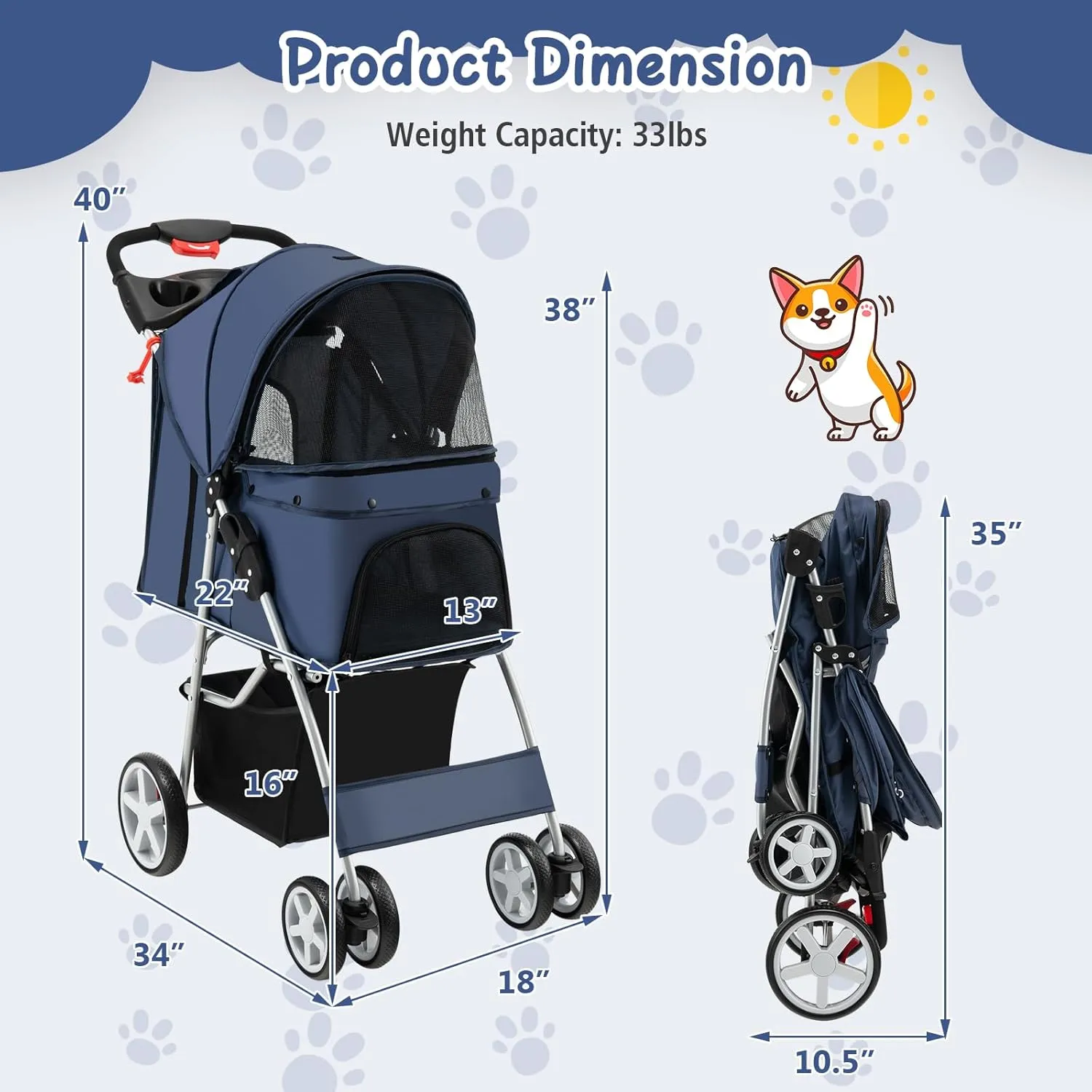 PETSITE Folding Dog Stroller, Pet Stroller for Small Medium Dogs & Cats, Pet Travel Carrier with 4 Lockable Wheels, Cup Holder, Removable Liner and Storage Basket
