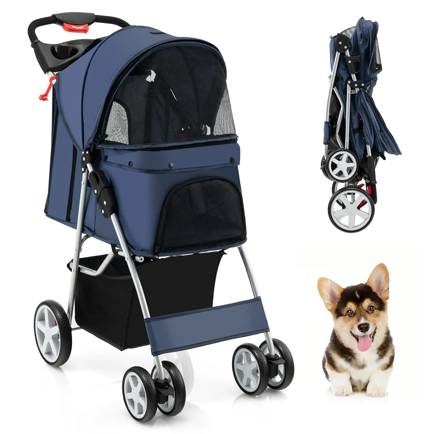 PETSITE Folding Dog Stroller, Pet Stroller for Small Medium Dogs & Cats, Pet Travel Carrier with 4 Lockable Wheels, Cup Holder, Removable Liner and Storage Basket
